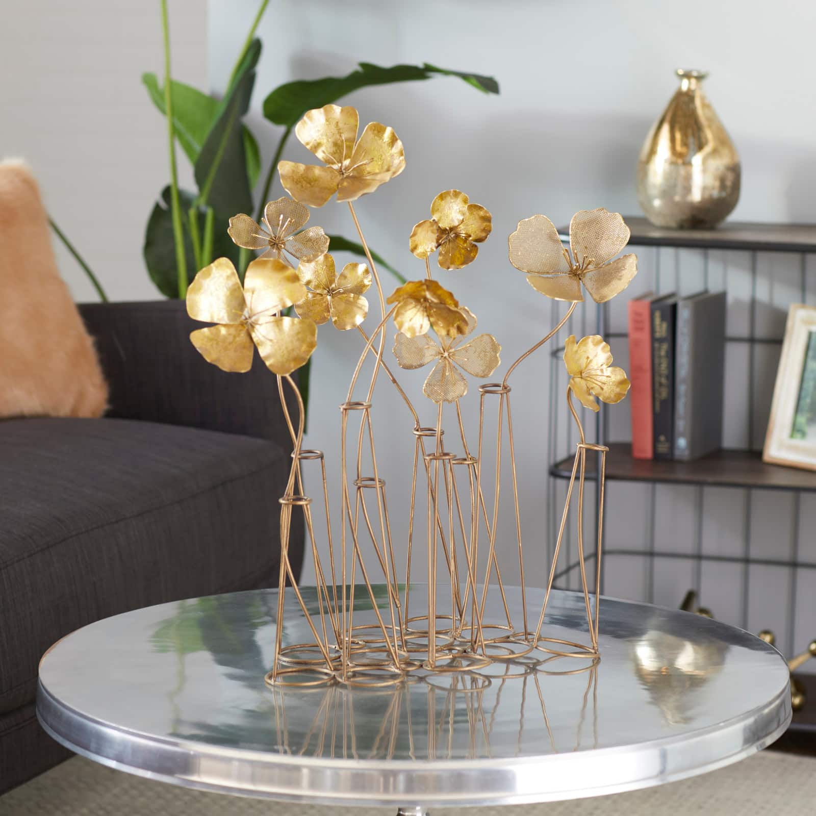21&#x22; Gold Metal Flowers Sculpture