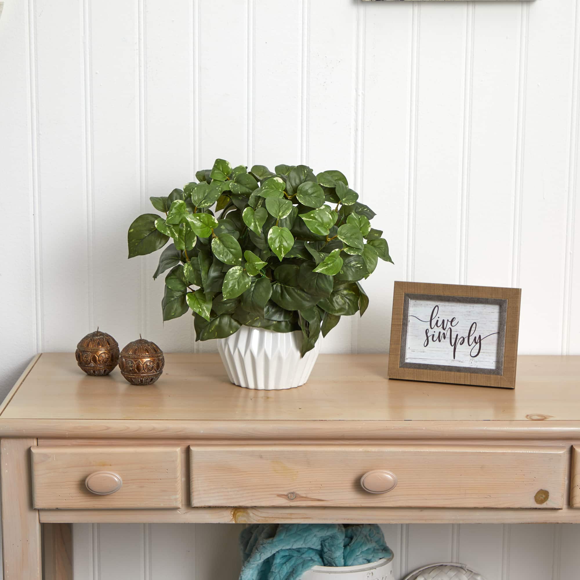 16in. Pothos Plant in White Ceramic Vase