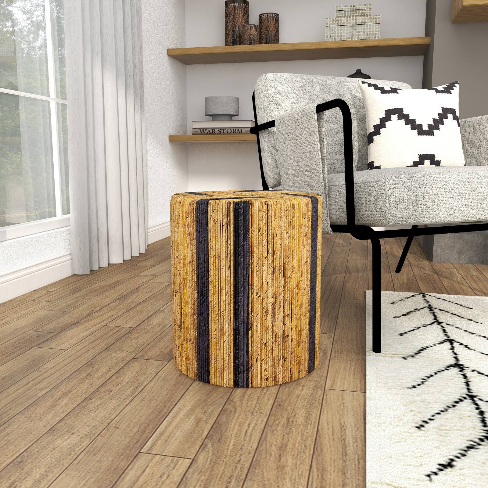 Brown Banana Leaf Handmade Linear Wrapped Accent Table with Navy Stripes