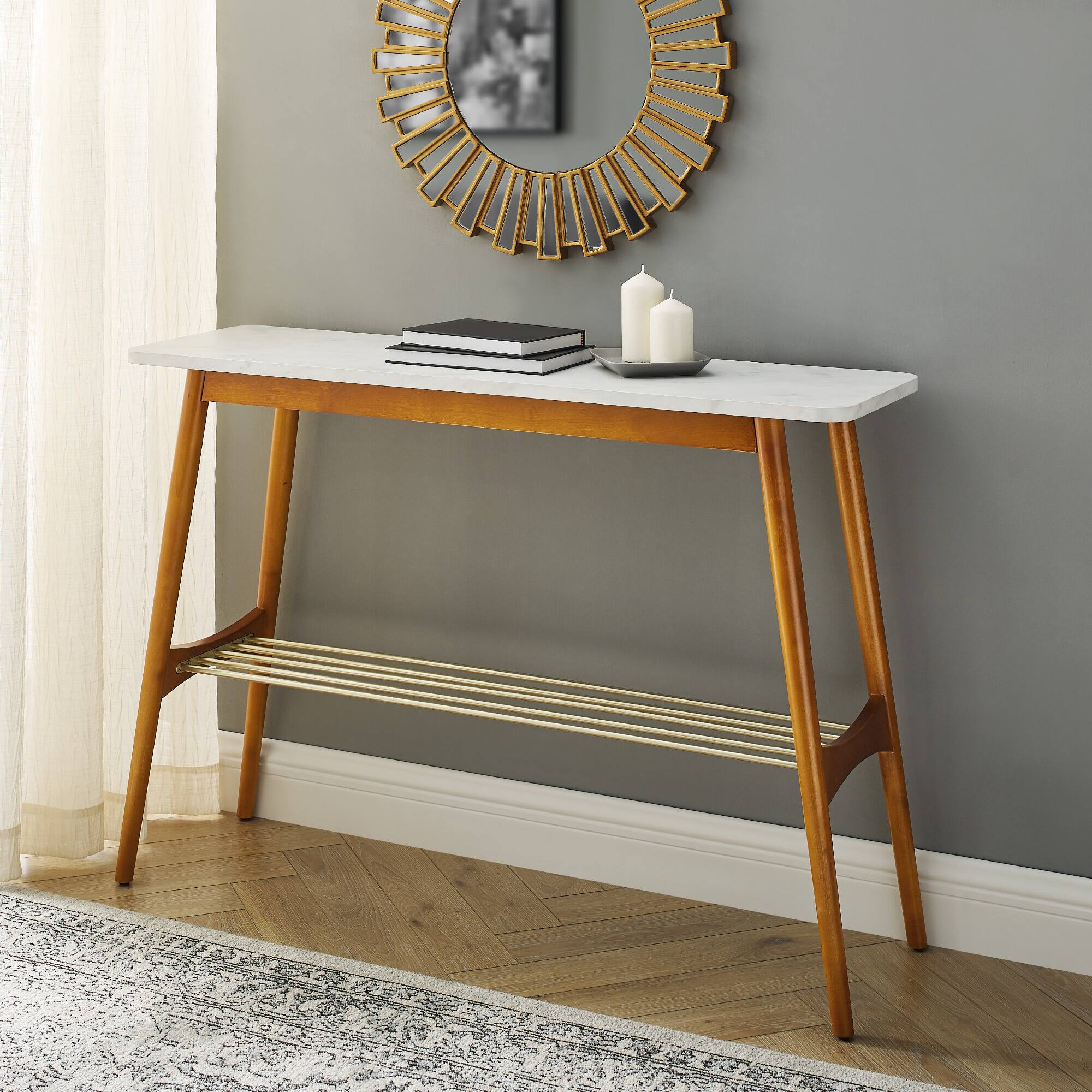 Walker Edison Faux White Marble/Acorn Tapered Leg Entry Table