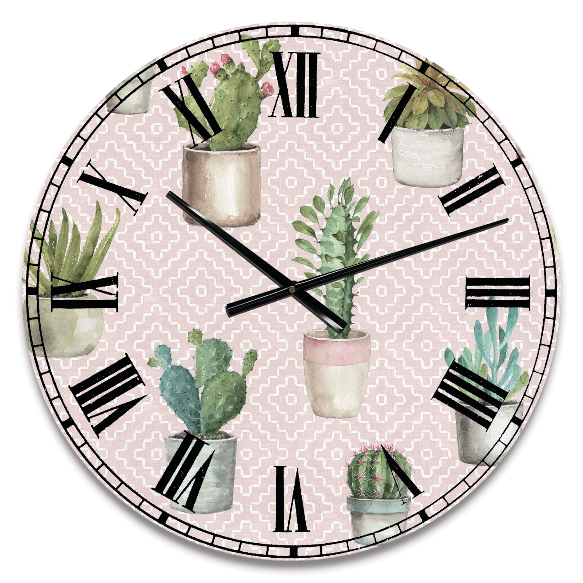 Designart 'Potted Cactus On Pink Geometrical Pattern Traditional Wall Clock