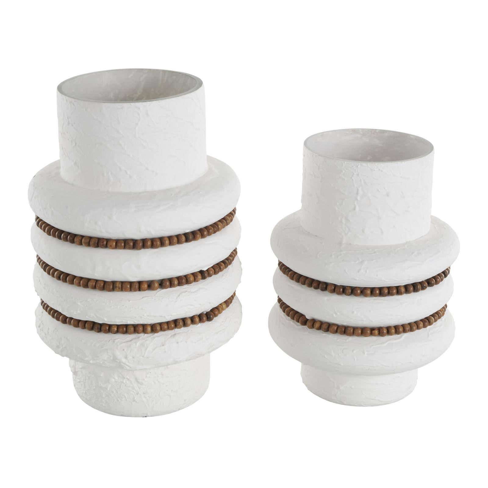 White Glass Textured Decorative Vase with Brown Wood Beaded Stripes Set
