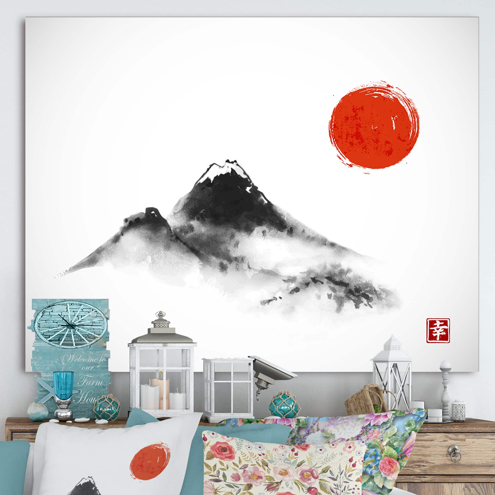 Designart - Japanese Red Moon In Traditional Sumi-e Painting III - Traditional Canvas Wall Art Print