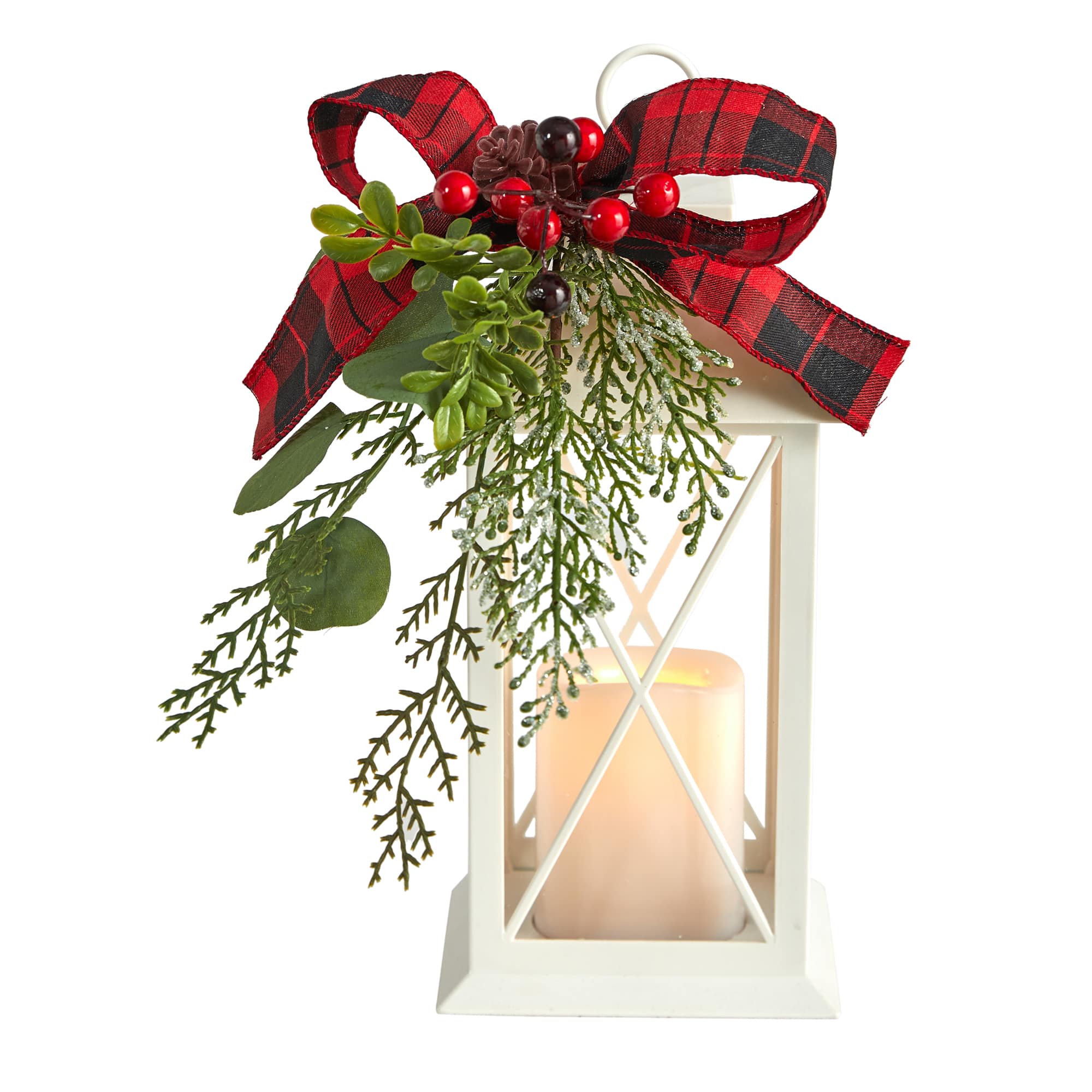 12" White Lantern with Berries, Pine & Plaid Bow Artificial Christmas Table Arrangement with LED Candle