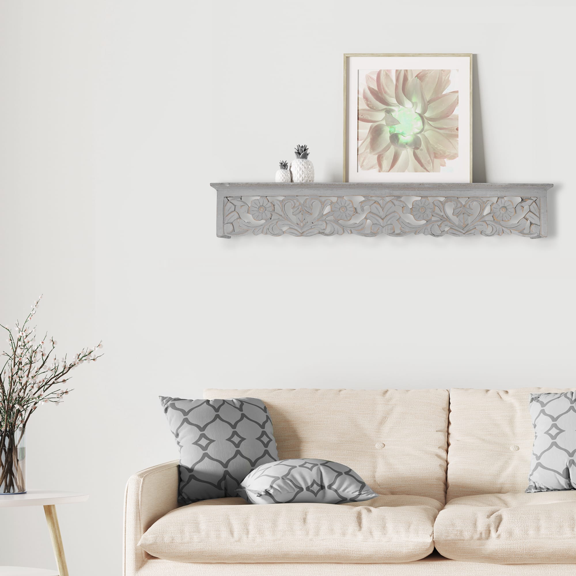 30&#x22; Gray Hand-Carved Medallion Floating Wall Shelf