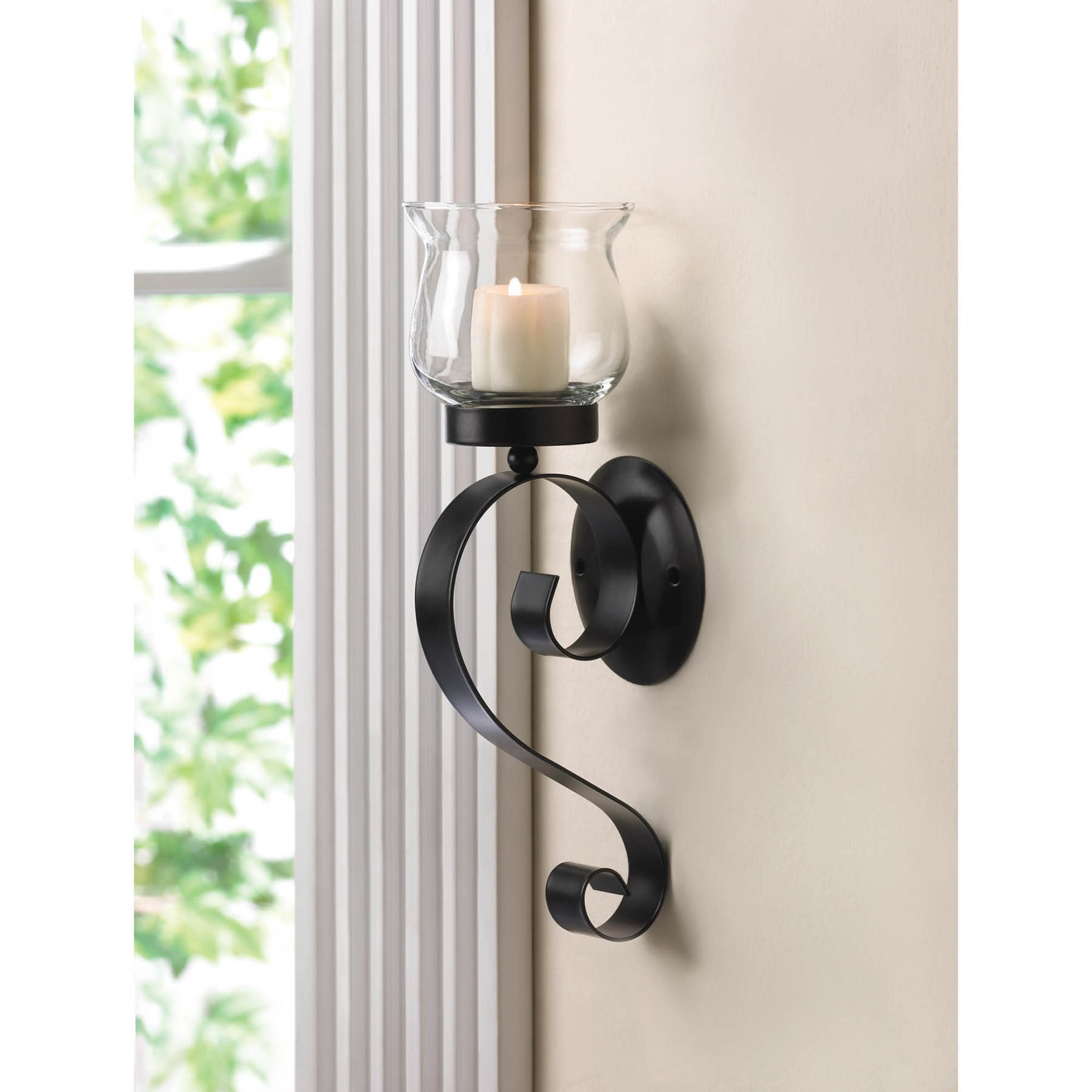 10.5" Black Rustic Iron and Glass Scrolling Candle Holder Wall Sconce