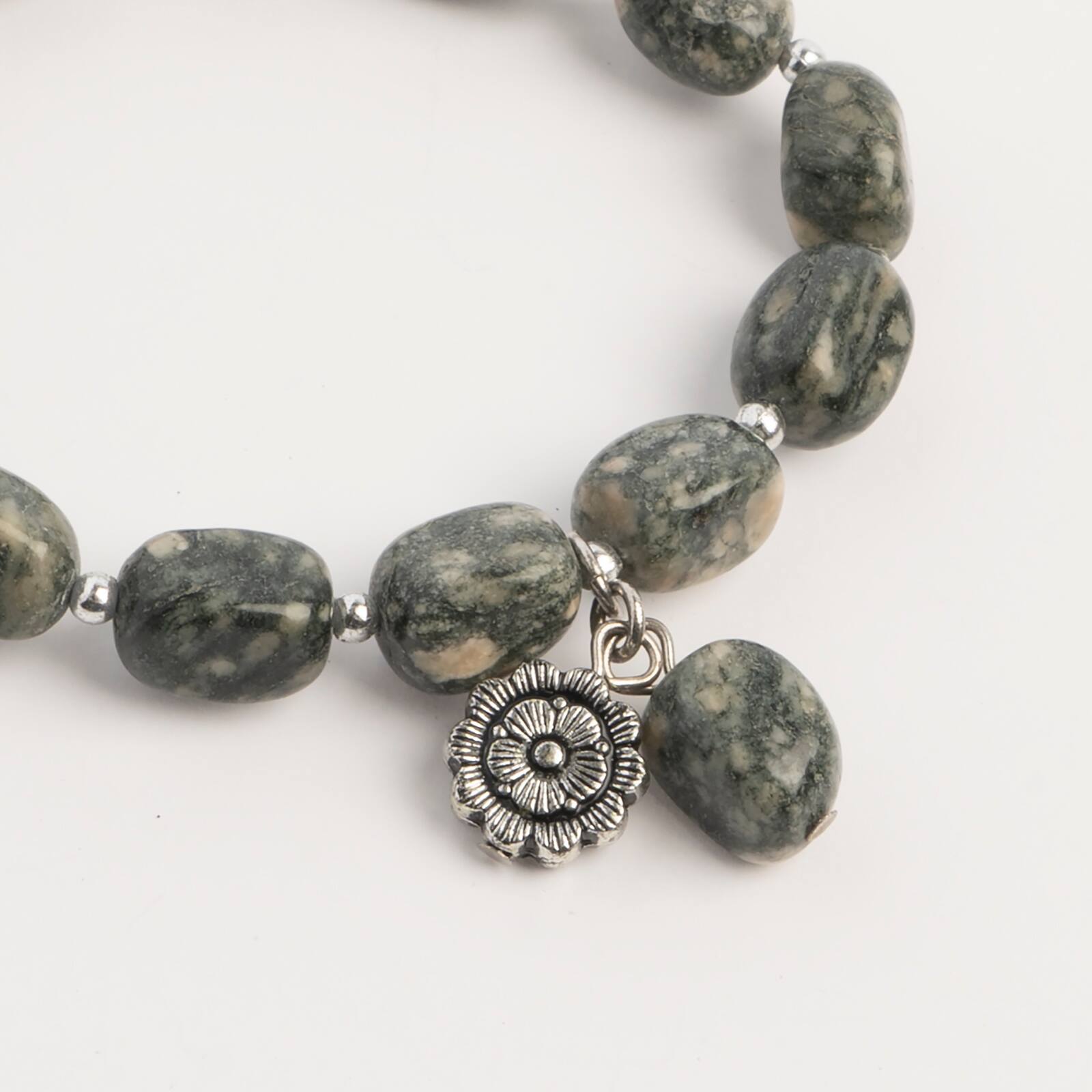 John Bead Jasper Natural Stone Bracelet with Flower Charm