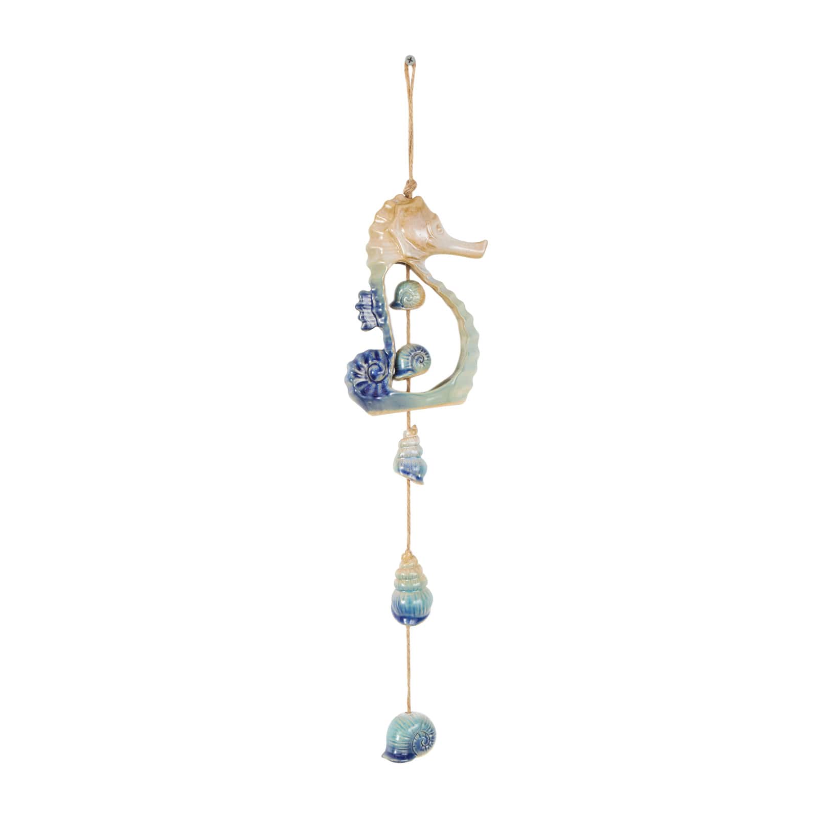 20.5&#x22; Blue Ceramic Sea Horse Ombre Windchime with Jute Rope &#x26; Hanging Seashell Accents
