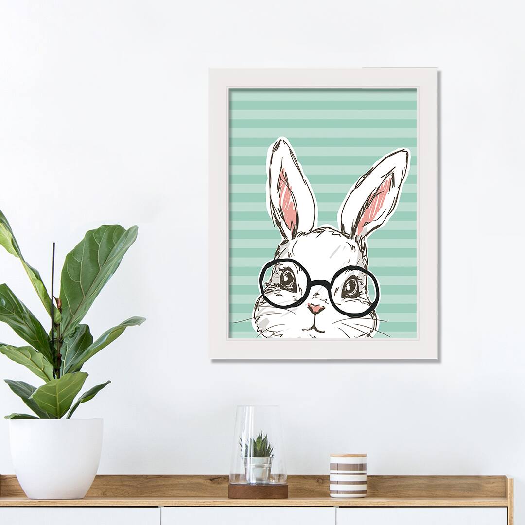 Bunny With Glasses 12" x 16" White Framed Print Under Plexiglass