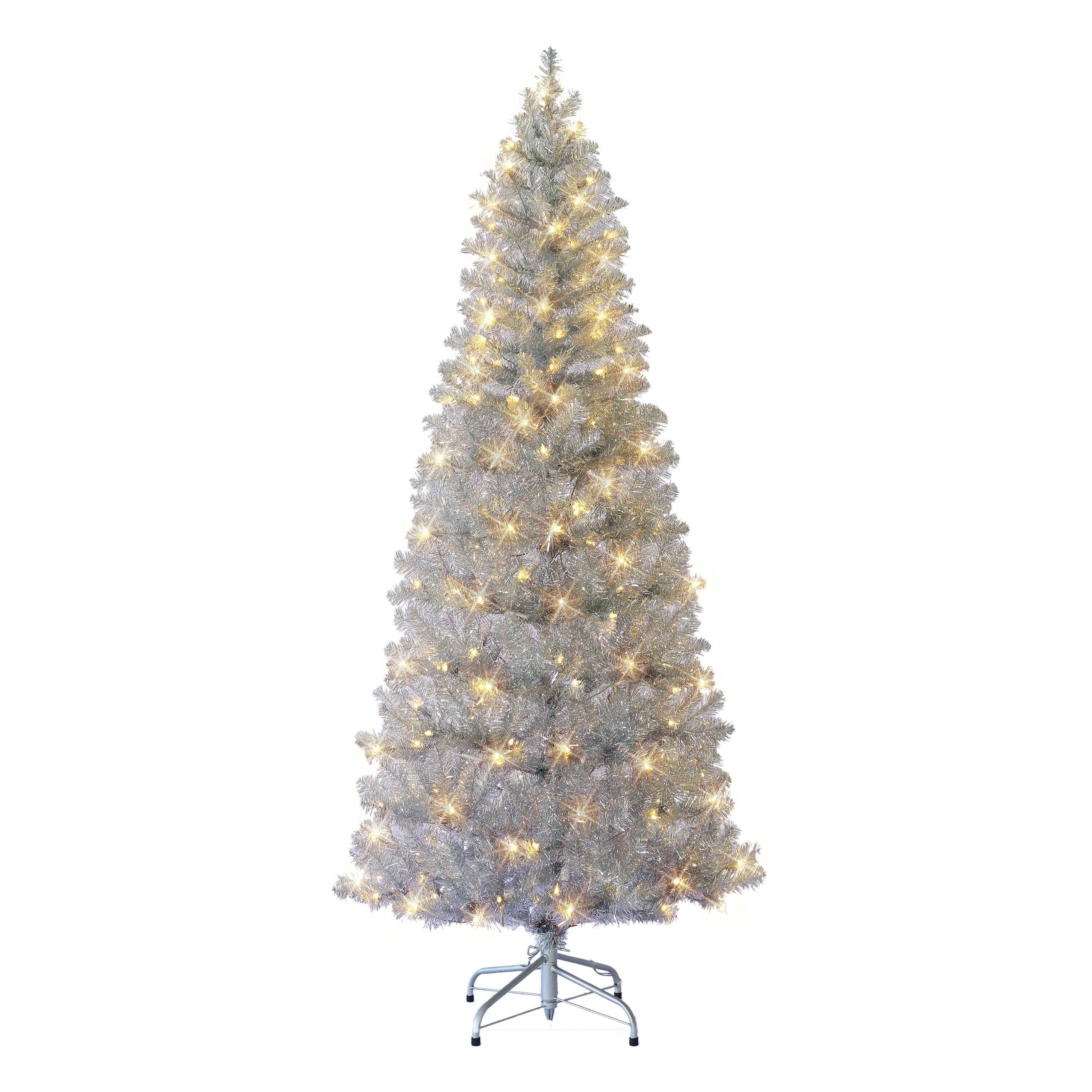 6.5ft. PreLit Silver Tinsel Artificial Christmas Tree, Clear
