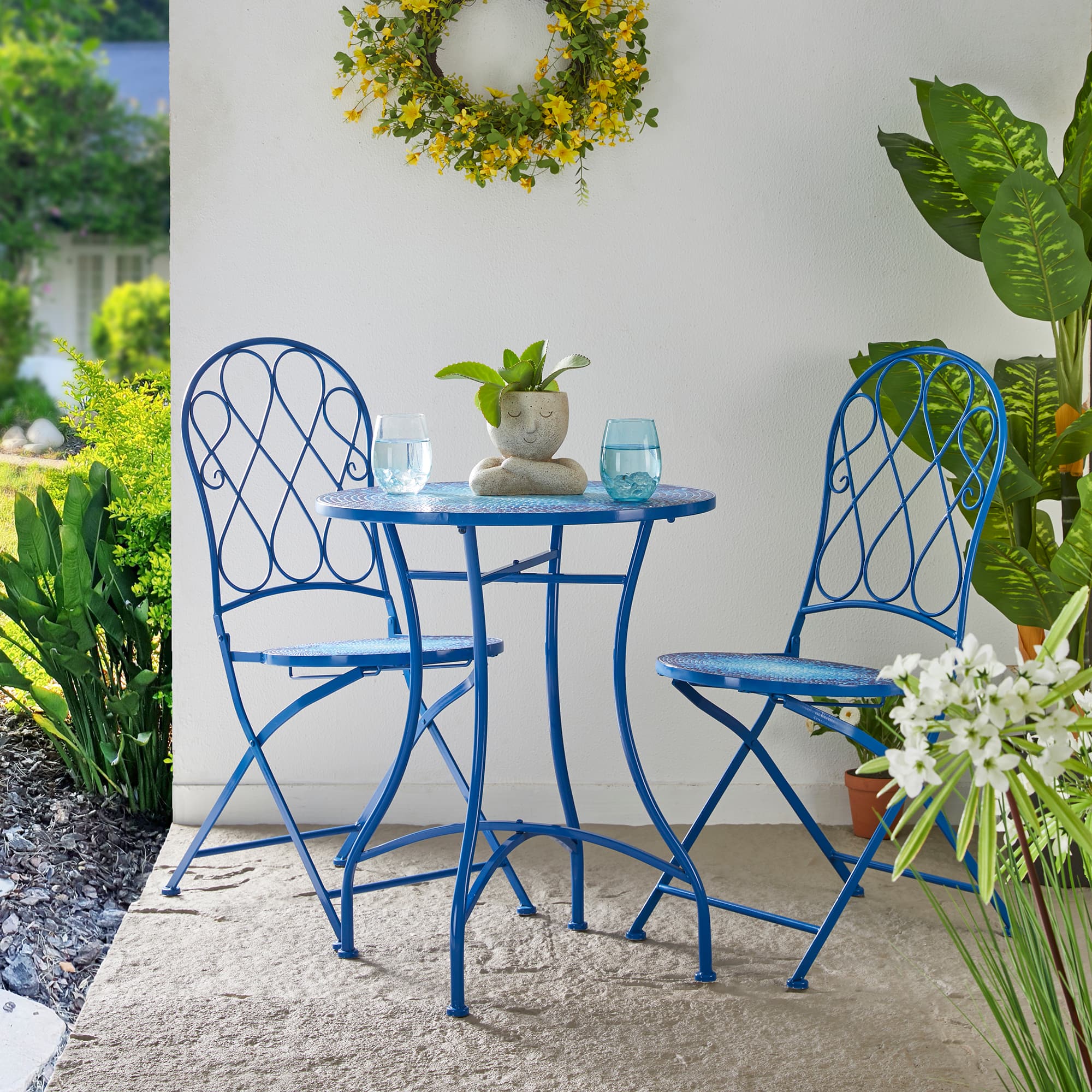 Glitzhome® 28" Blue Outdoor Metal Folding Bistro Table with Ceramic Tile Top