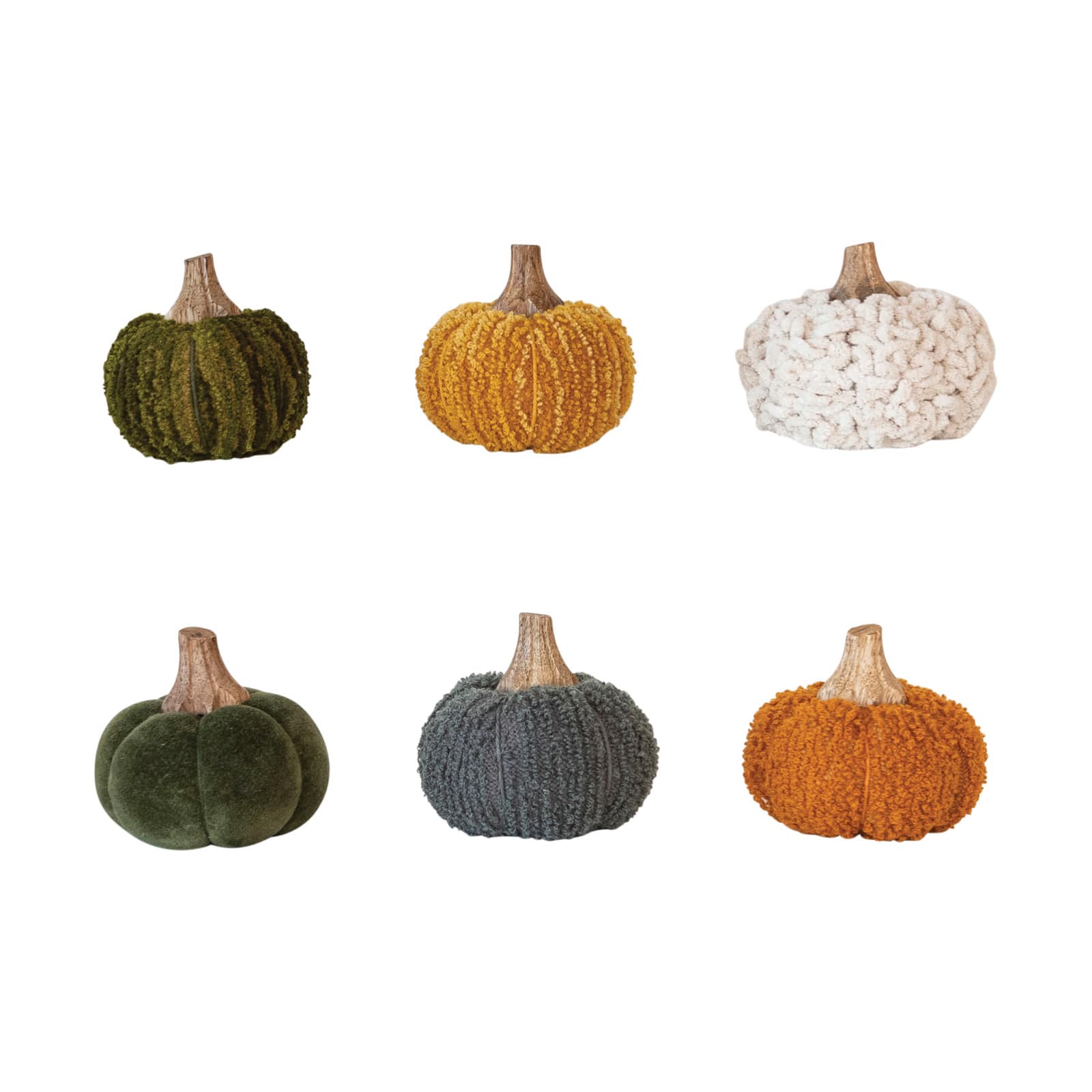 3.5&#x22; Boucl&#xE9; Velvet Pumpkin Holiday D&#xE9;cor Set with Wood Stems