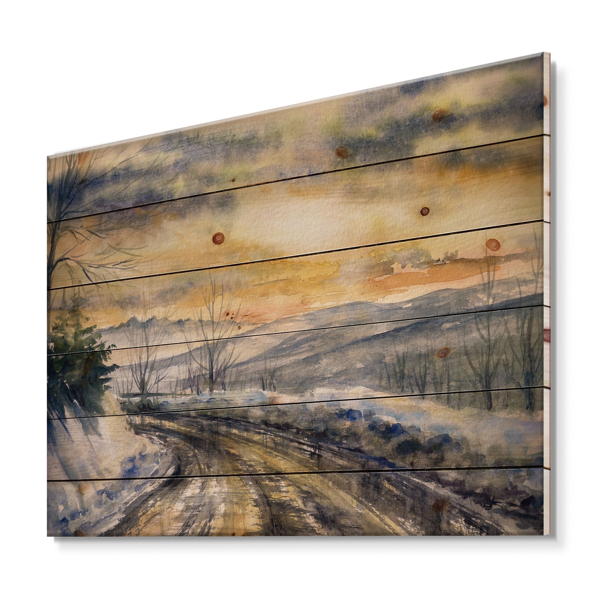 Designart - Winter Landscape With Road Under Bright Sunset - Traditional Print on Natural Pine Wood