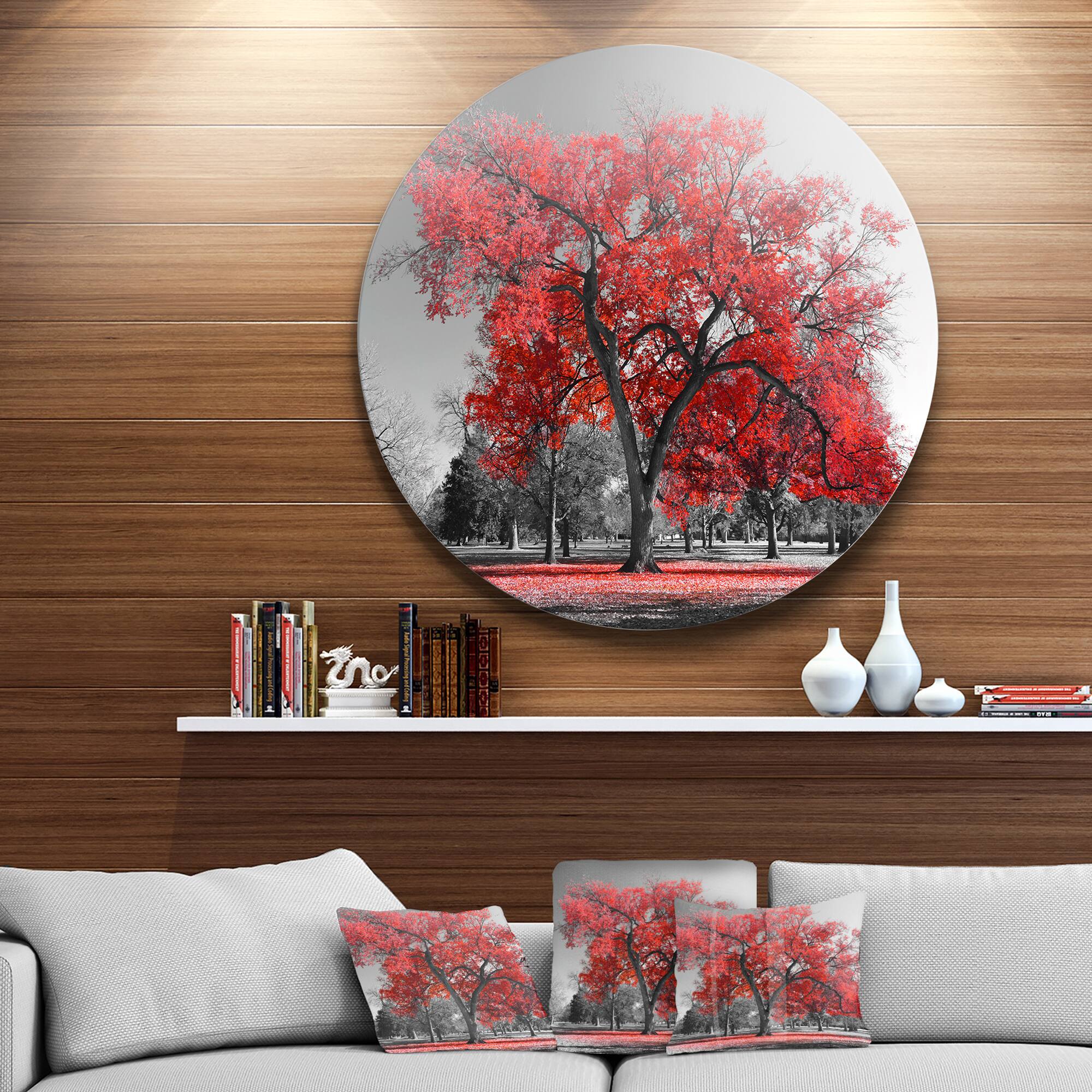 Designart - Big Red Tree on Foggy Day&#x27; Landscape Round Circle Metal Wall Art