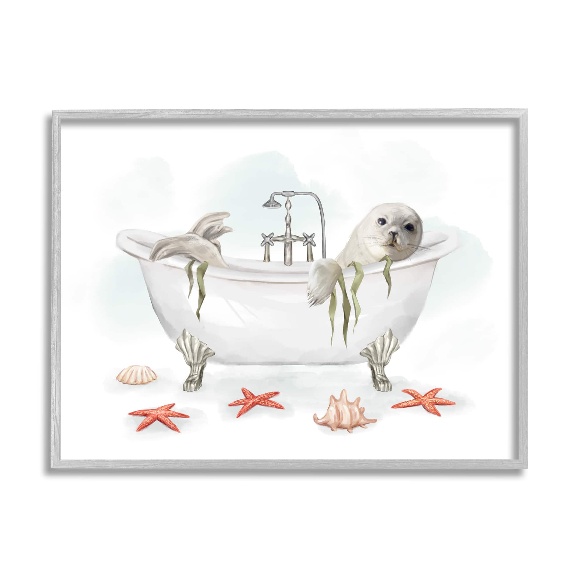 Stupell Industries White Harp Seal Ocean Inspired Bath Animal in Gray Frame Wall Art