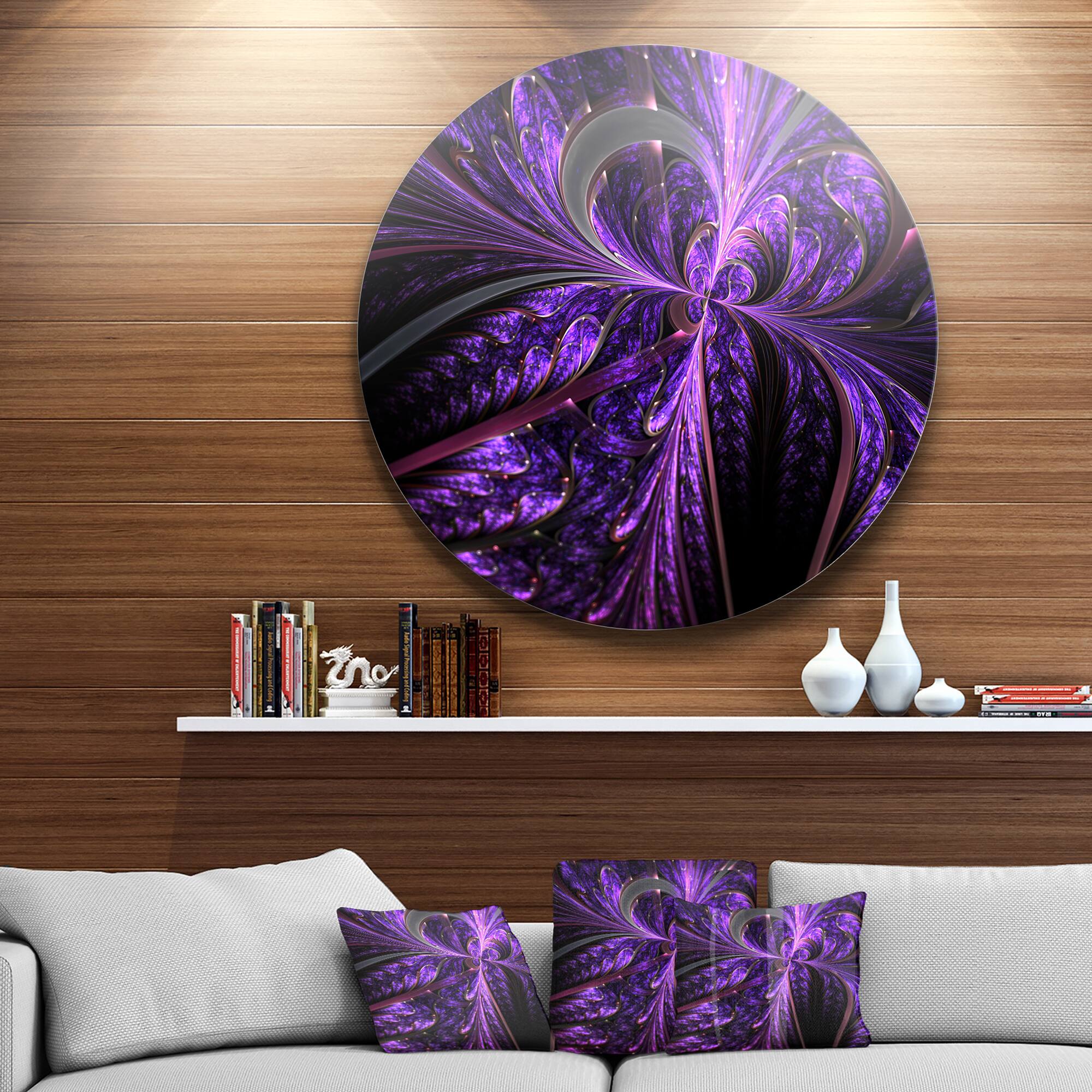 Designart - Embossed Dark Purple Floral Shapes&#x27; Large Floral Metal Circle Wall Art