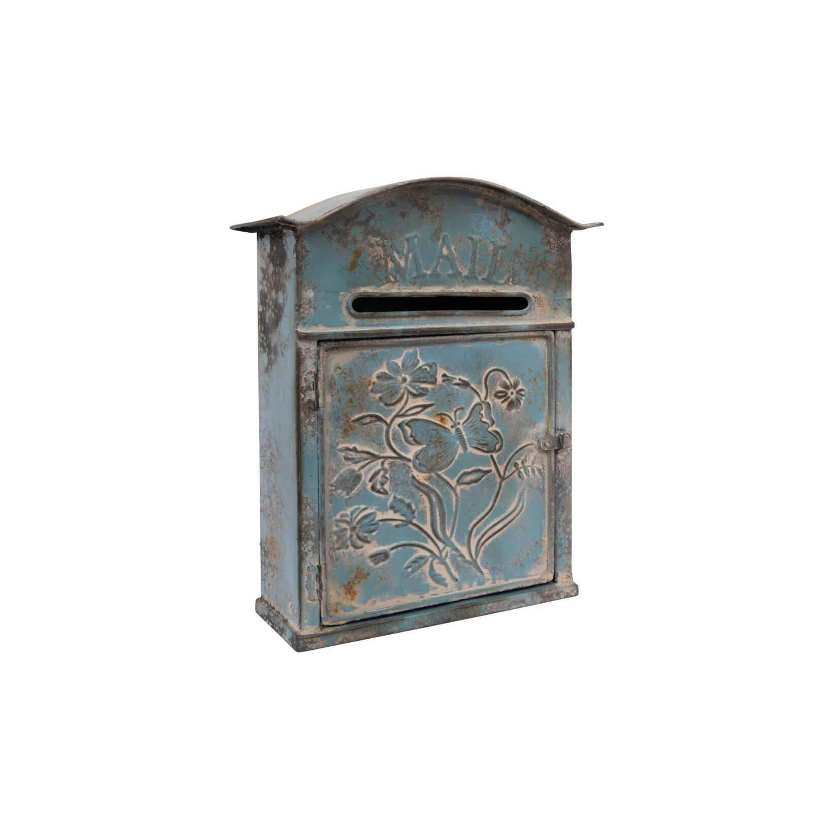 Hello Honey® 12" Distressed Blue Embossed Tin Mail Box