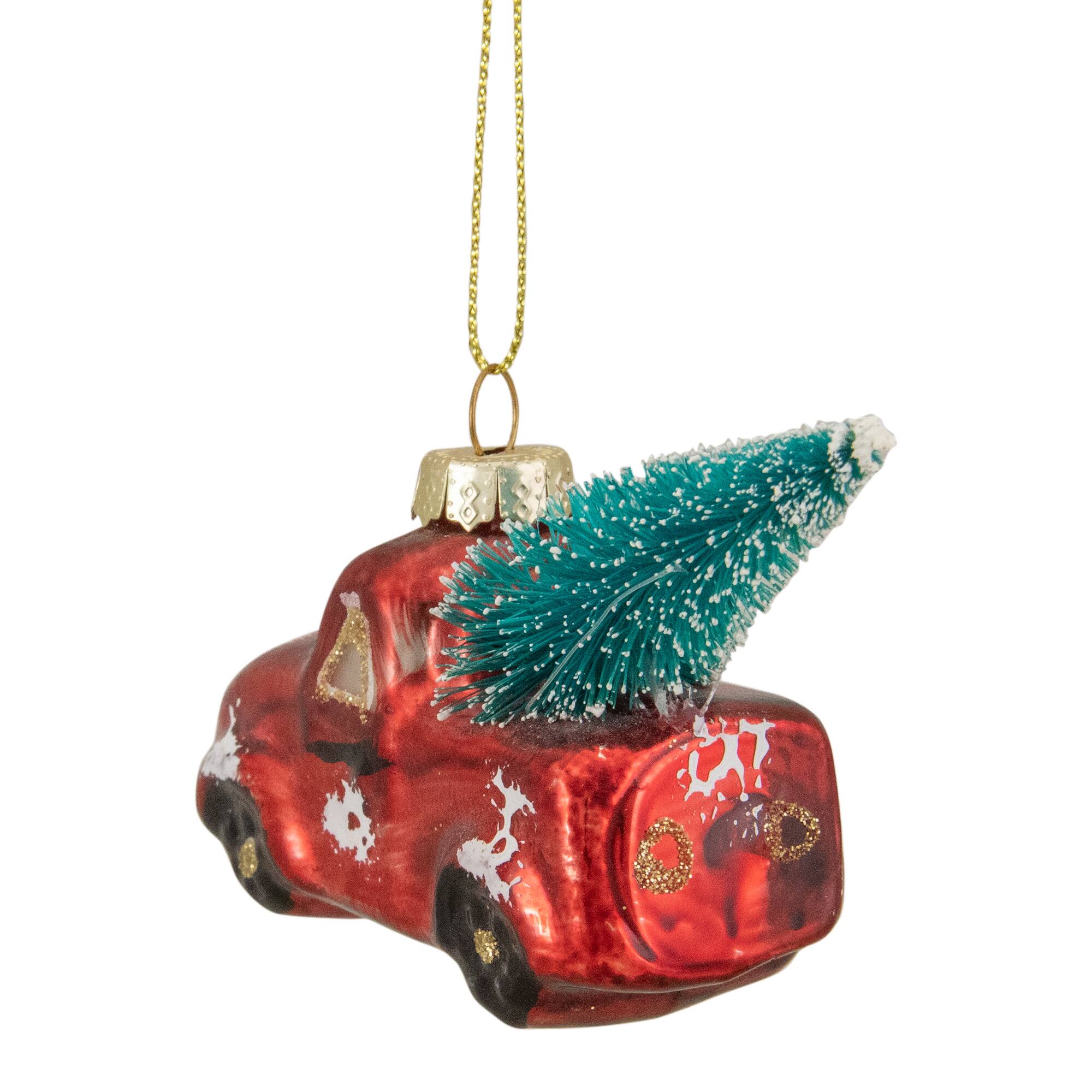 4&#x22; Red Metallic Truck with a Sisal Tree Glass Christmas Ornament