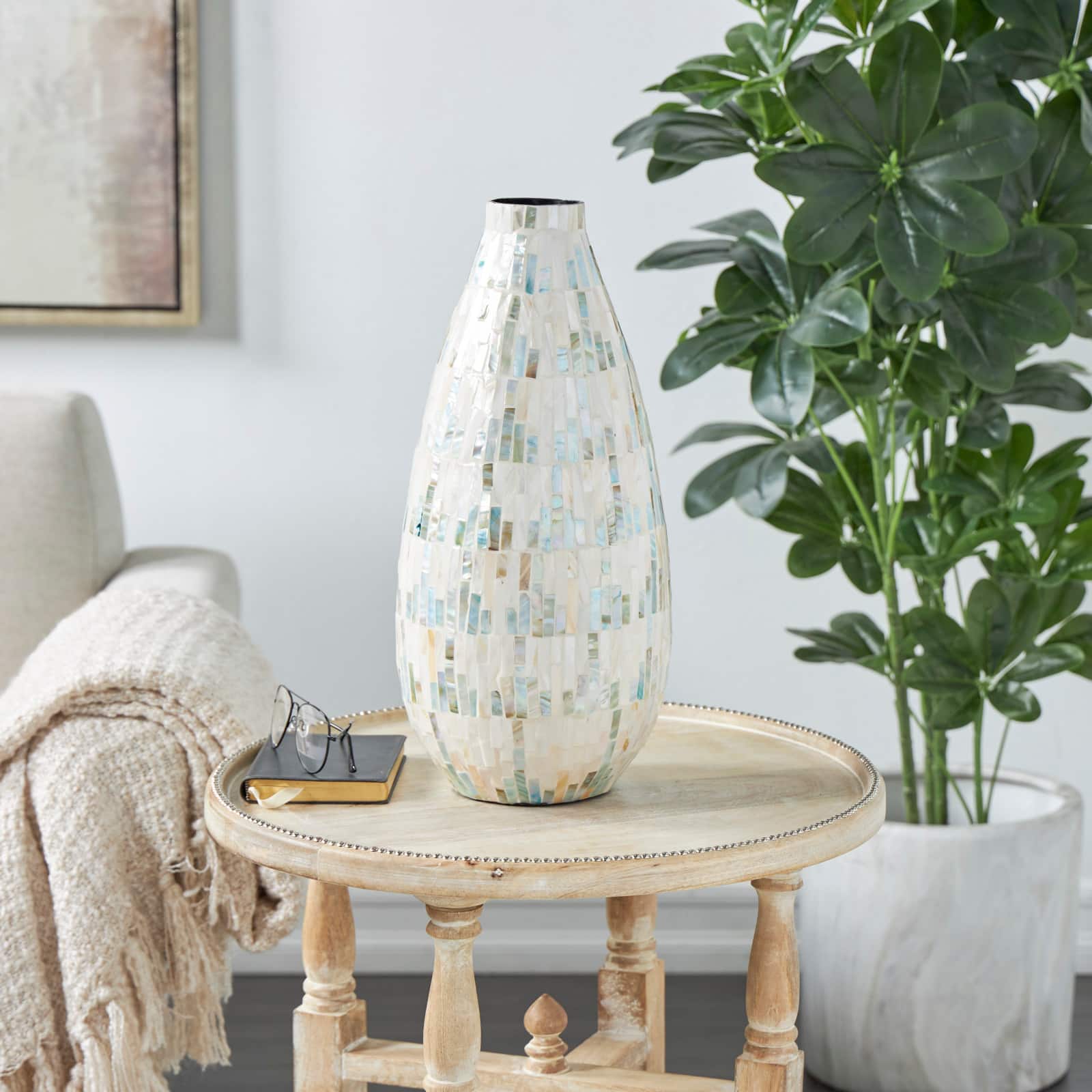 19" White Mother of Pearl Handmade Mosaic Inspired Vase with Pastel Blue & Pink Accents