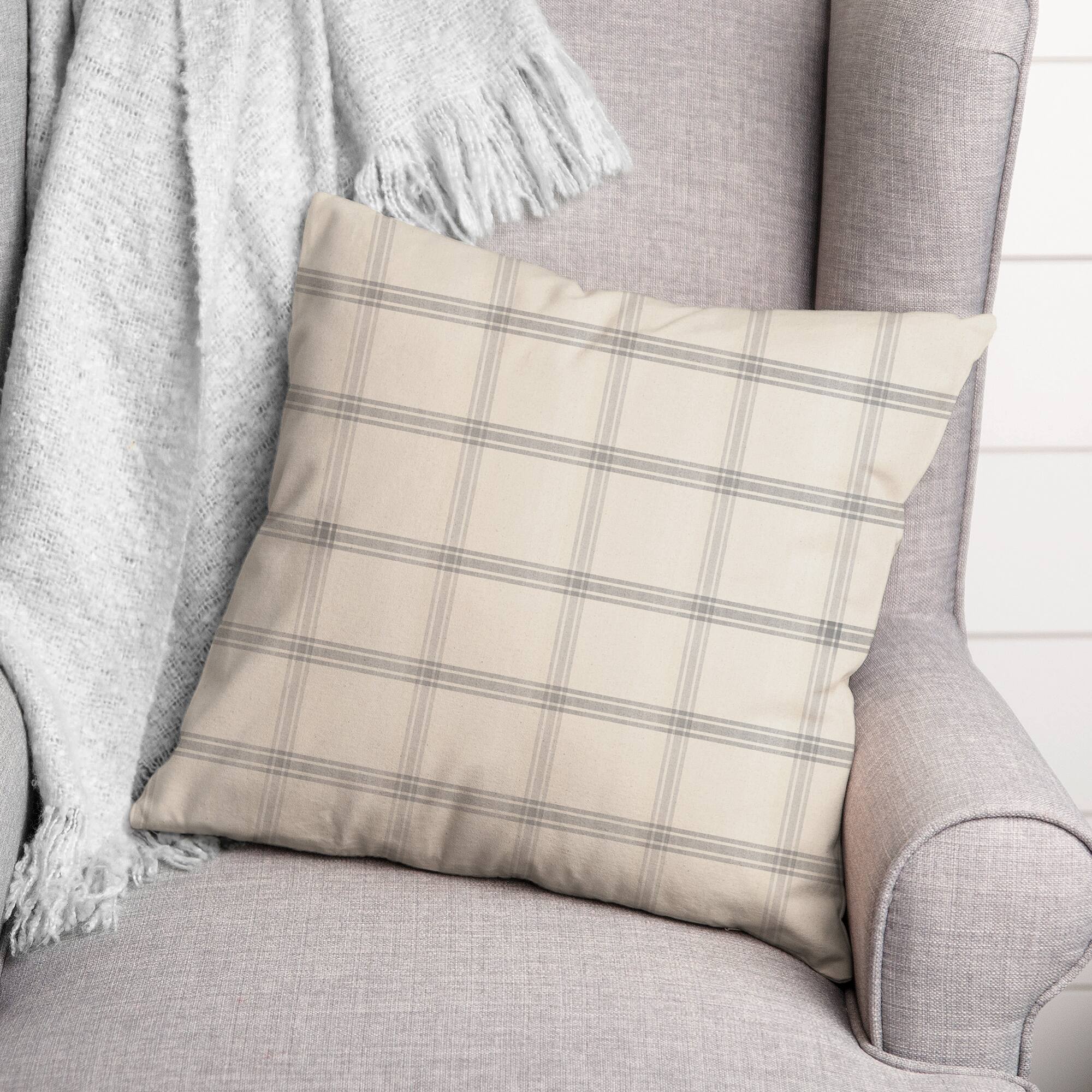 Gray Plaid Linen Throw Pillow