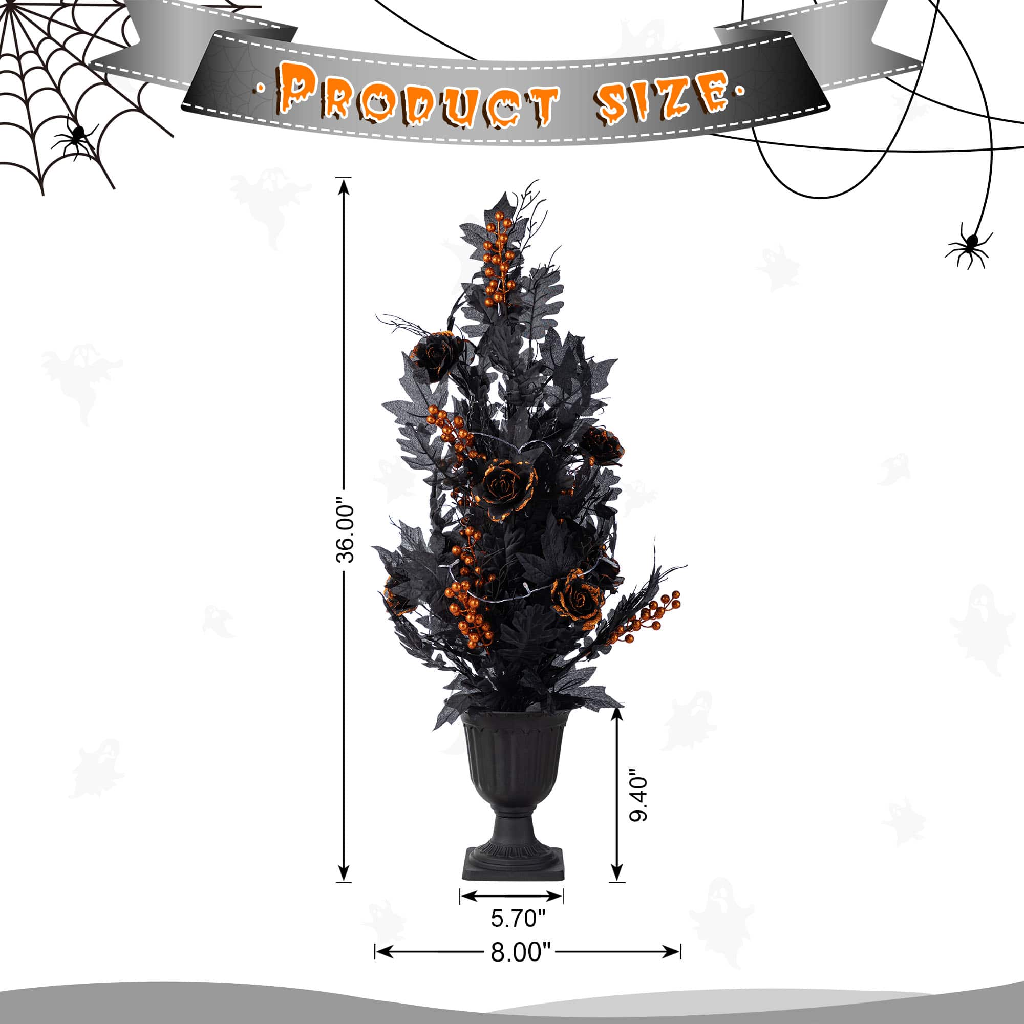 Glitzhome® 36"H Halloween Lighted Black Rose with Orange Glitter Urn Porch Tree with Timer