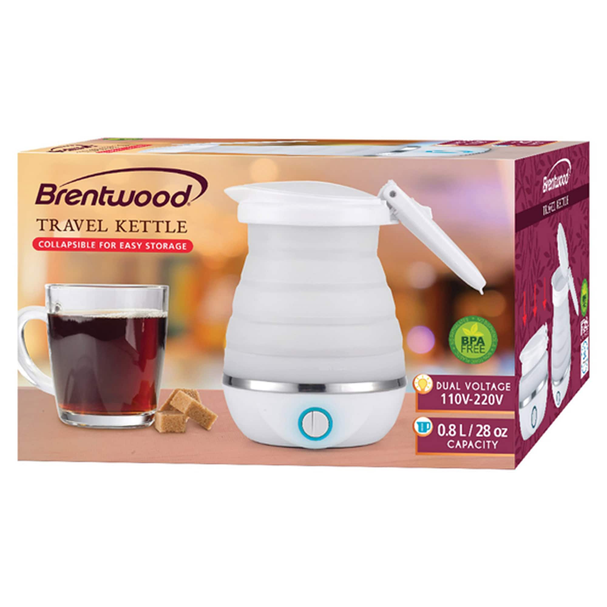Brentwood White 0.85qt. Dual-Voltage Collapsible Travel Kettle