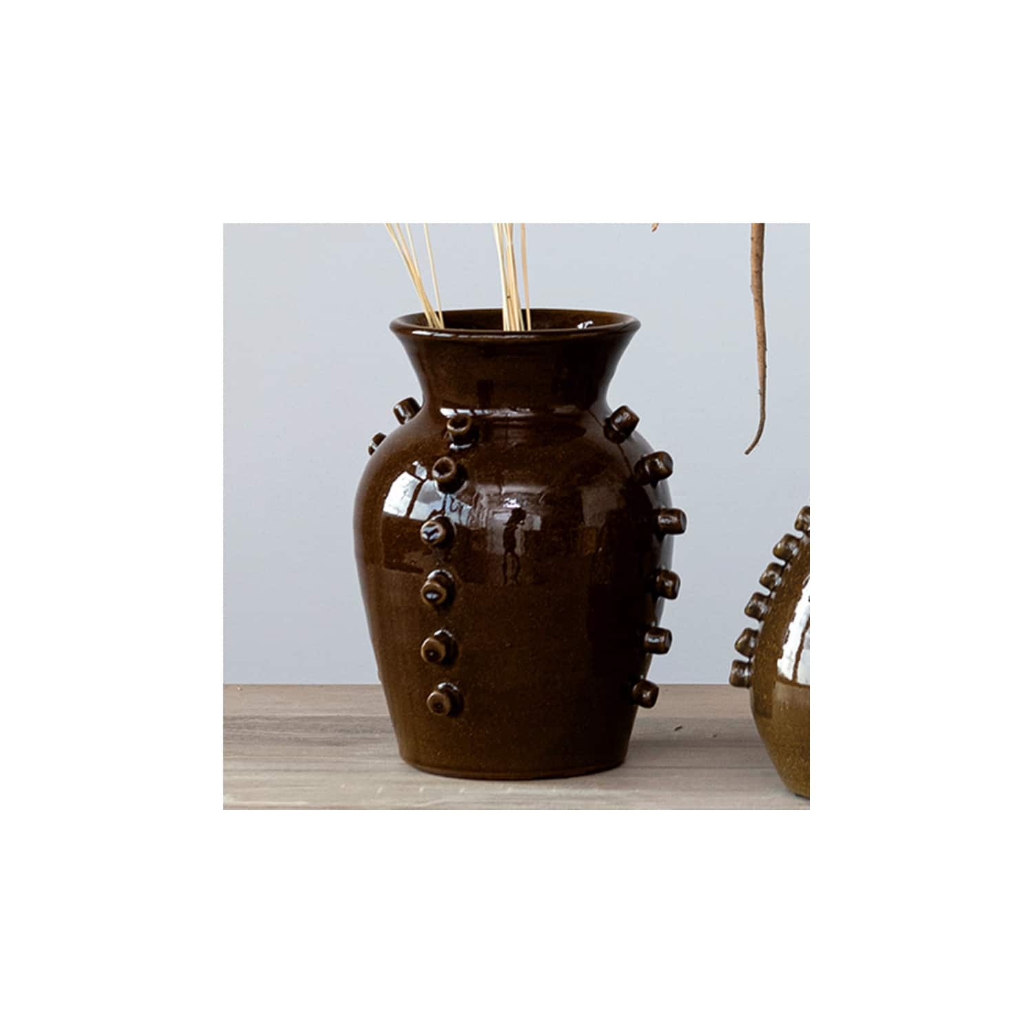 10.25&#x22; Brown Terra Cotta Vase with Hobnails