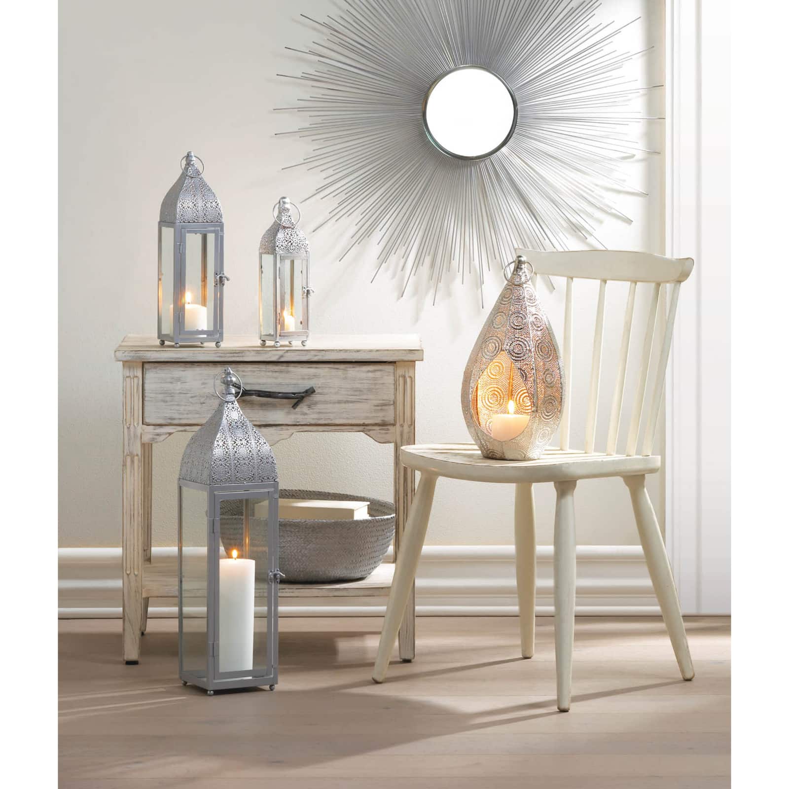 15" Small Silver Metal Rectangular Moroccan Style Candle Lantern