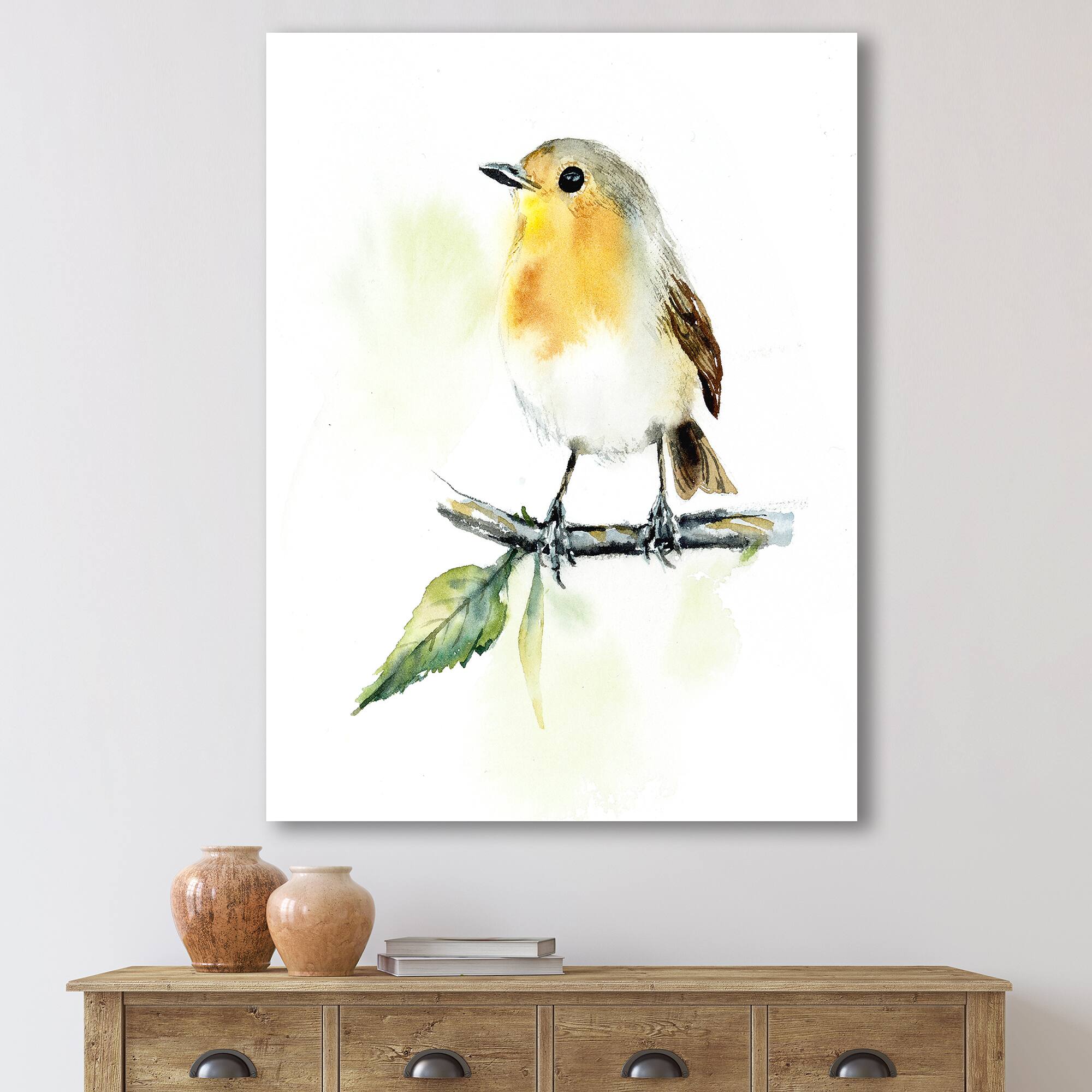 Designart - Little Robin Bird On A Branch - Traditional Canvas Wall Art Print