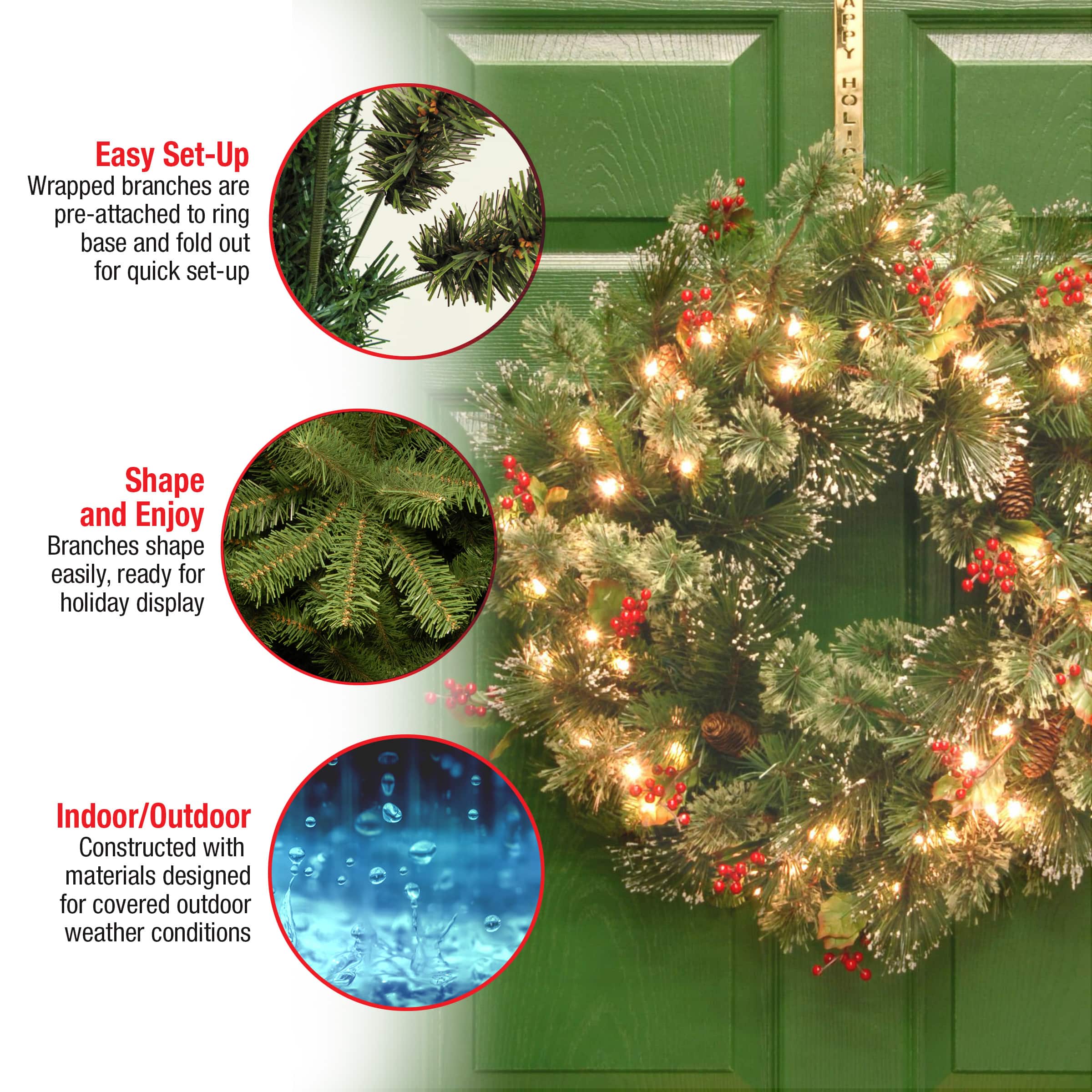 24" Wintry Pine® Wreath with Pine Cones, Red Berries, Snowflakes & Clear Lights