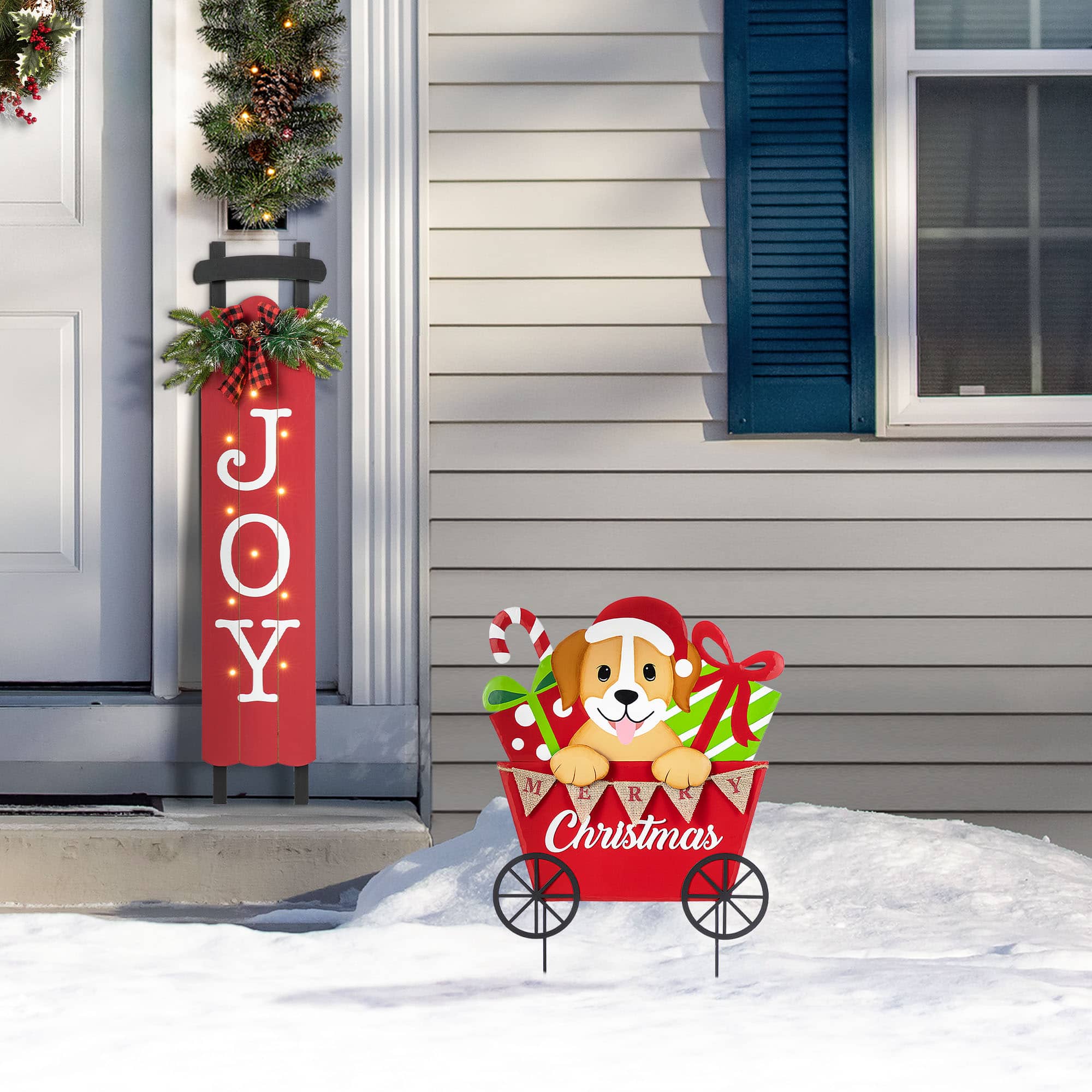 Glitzhome&#xAE; 24&#x22; Metal Christmas Dog and Gift Cart Yard Stake