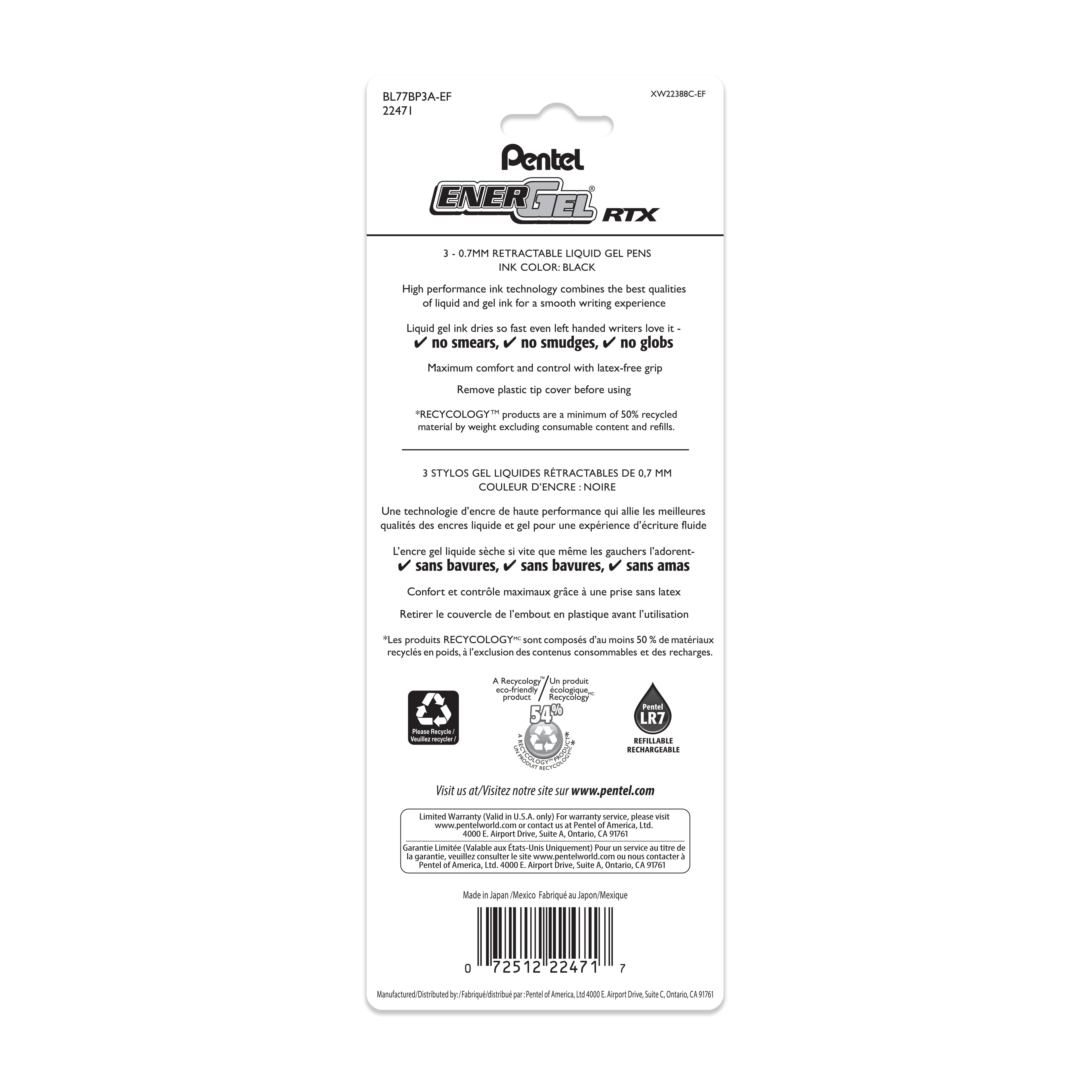 Pentel&#xAE; EnerGel RTX 0.7mm Retractable Liquid Gel Pens, 3ct.
