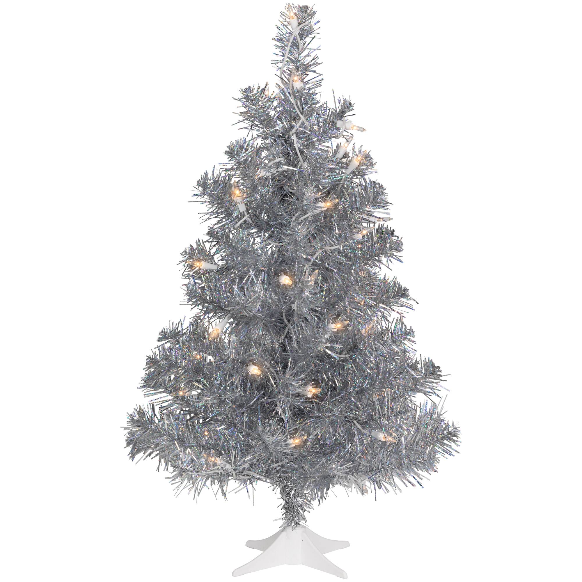 2ft. Pre-Lit Silver Iridescent Tinsel Artificial Christmas Tree, Clear Lights