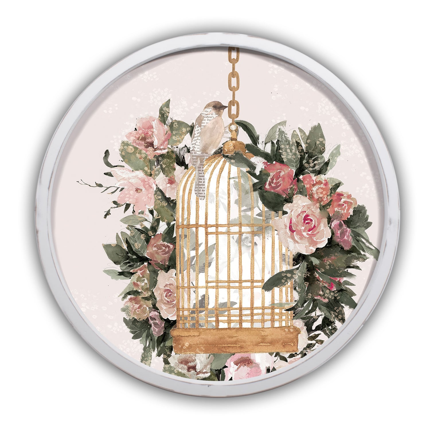 Vintage Floral Bird Cage Round White Framed Print