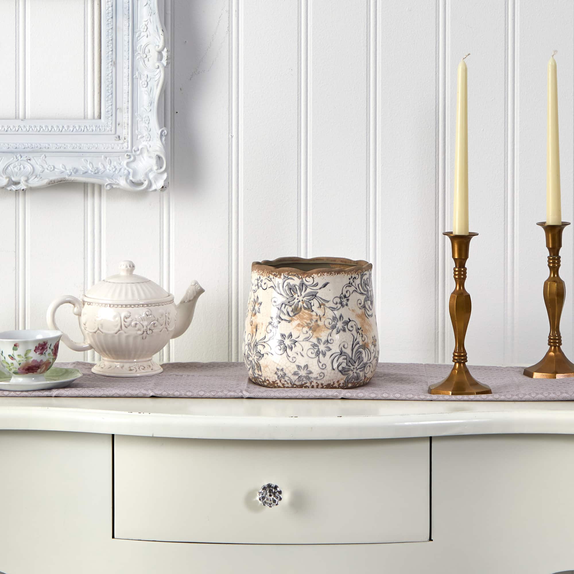 7" Tuscan Ceramic Gray Scroll Planter