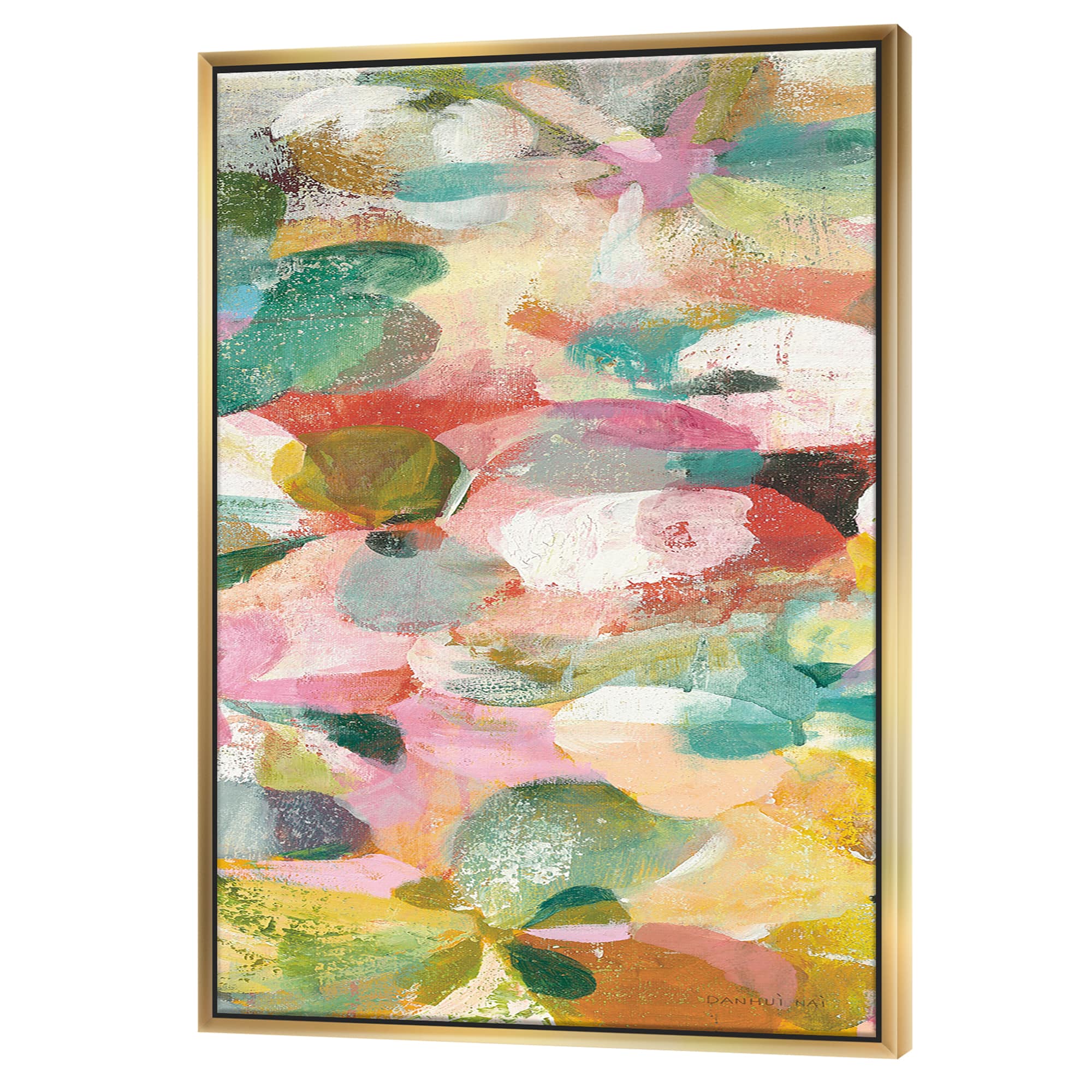 Designart - Abstract Pastel Flower Painting with Pink and Blue - Cabin &#x26; Lodge Canvas in Gold Frame