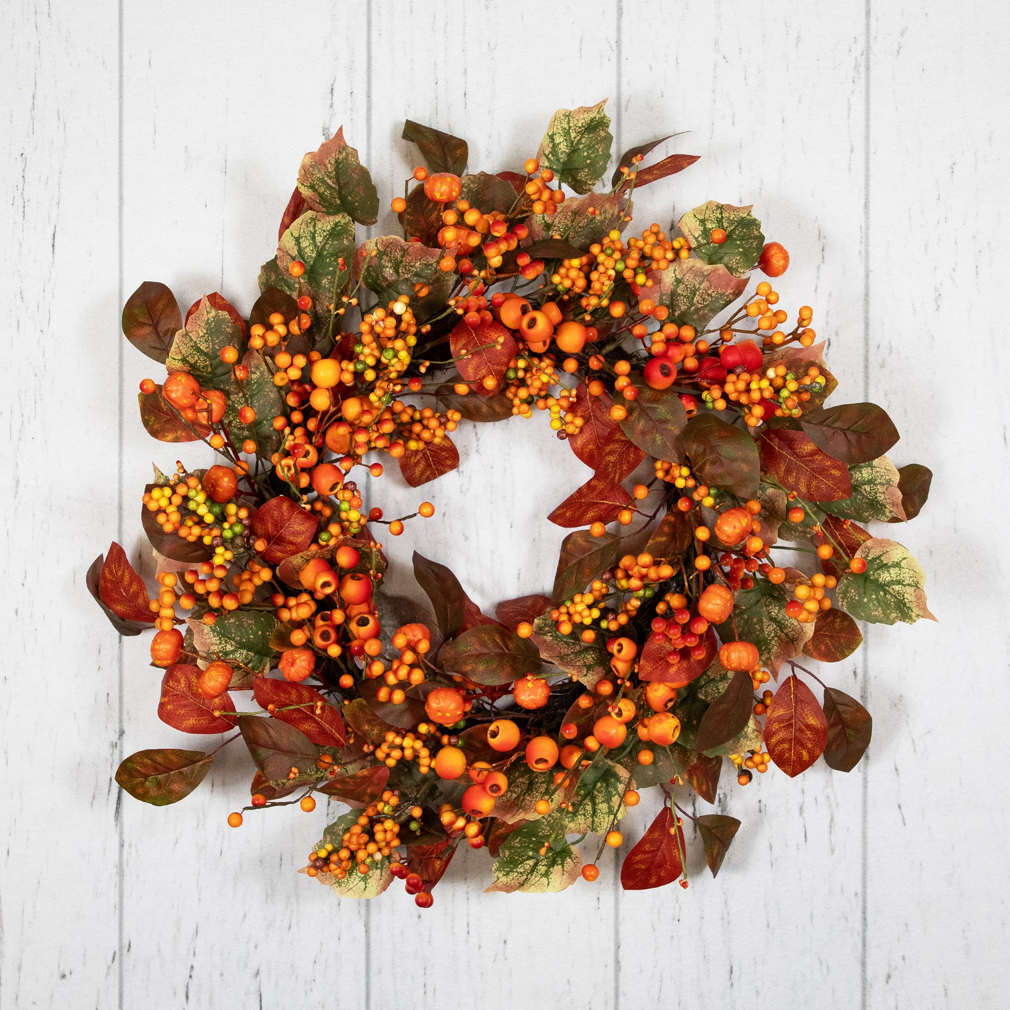 24&#x22; Orange &#x26; Green Berry &#x26; Pumpkin Fall Harvest Wreath