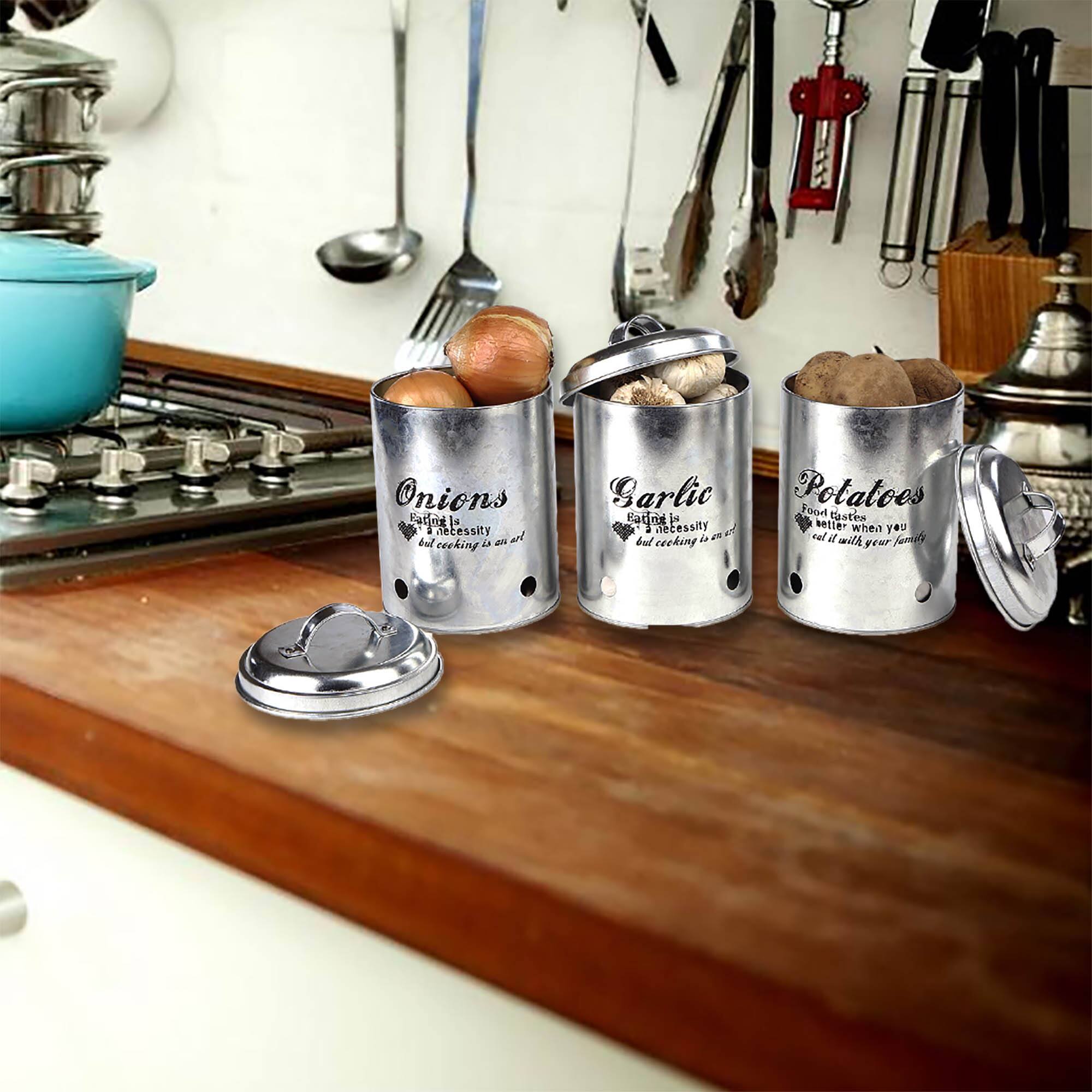 Mind Reader Silver Garlic, Onion, Potatoes Metal Canister Set