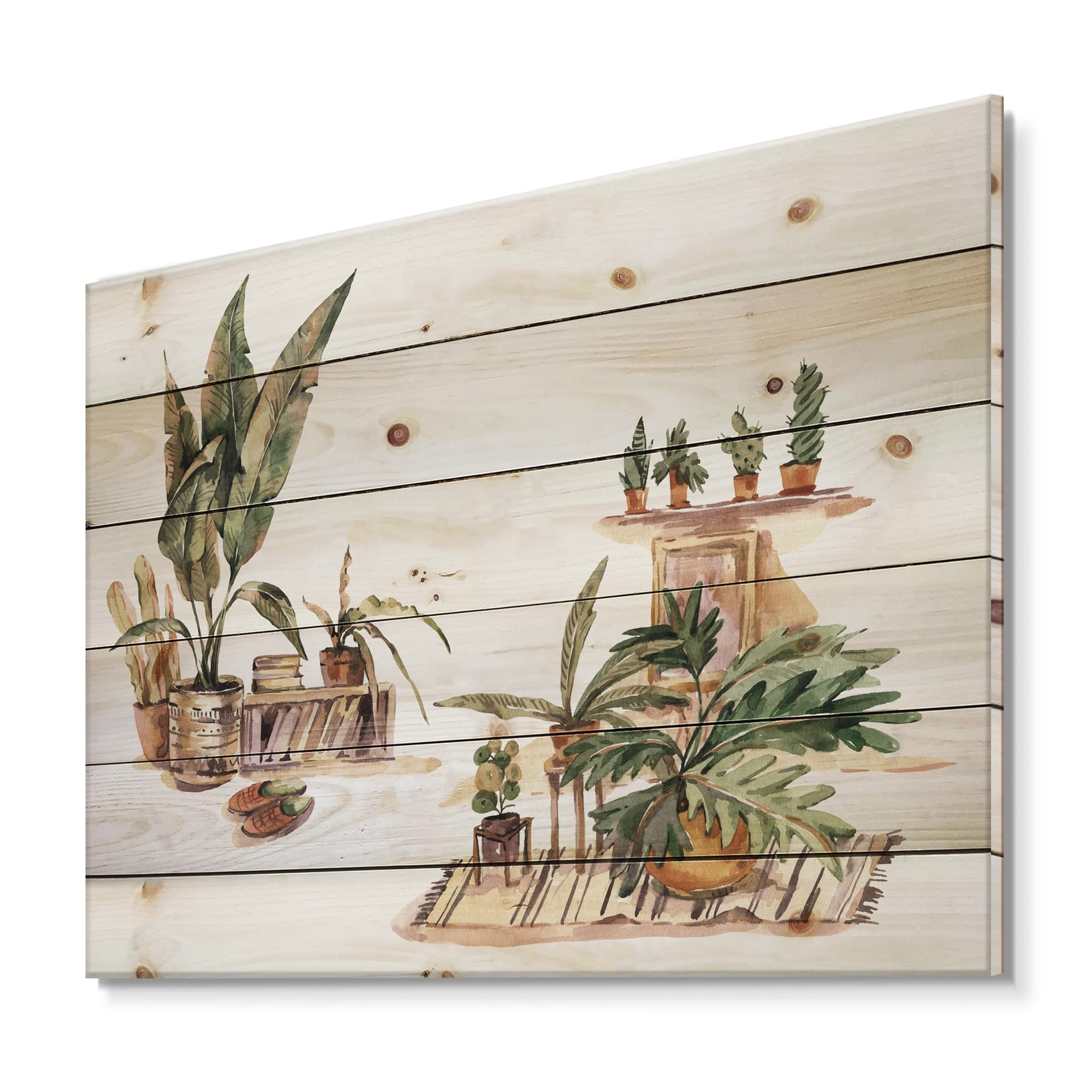 Designart - Indoor House Plants Urban Jungle III - Traditional Print on Natural Pine Wood