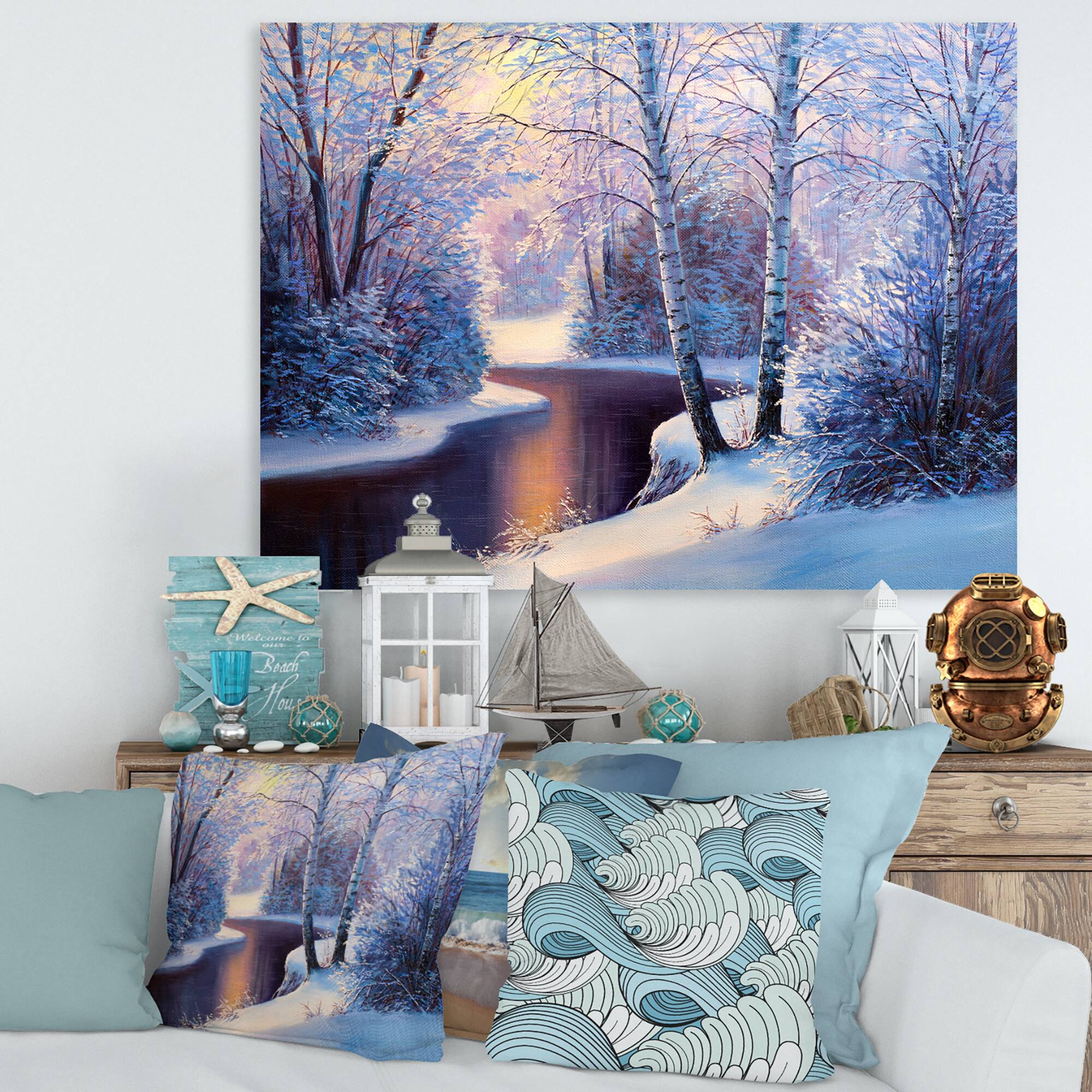 Designart Christmas Forest with River &#x26; Trees I Canvas Wall Art