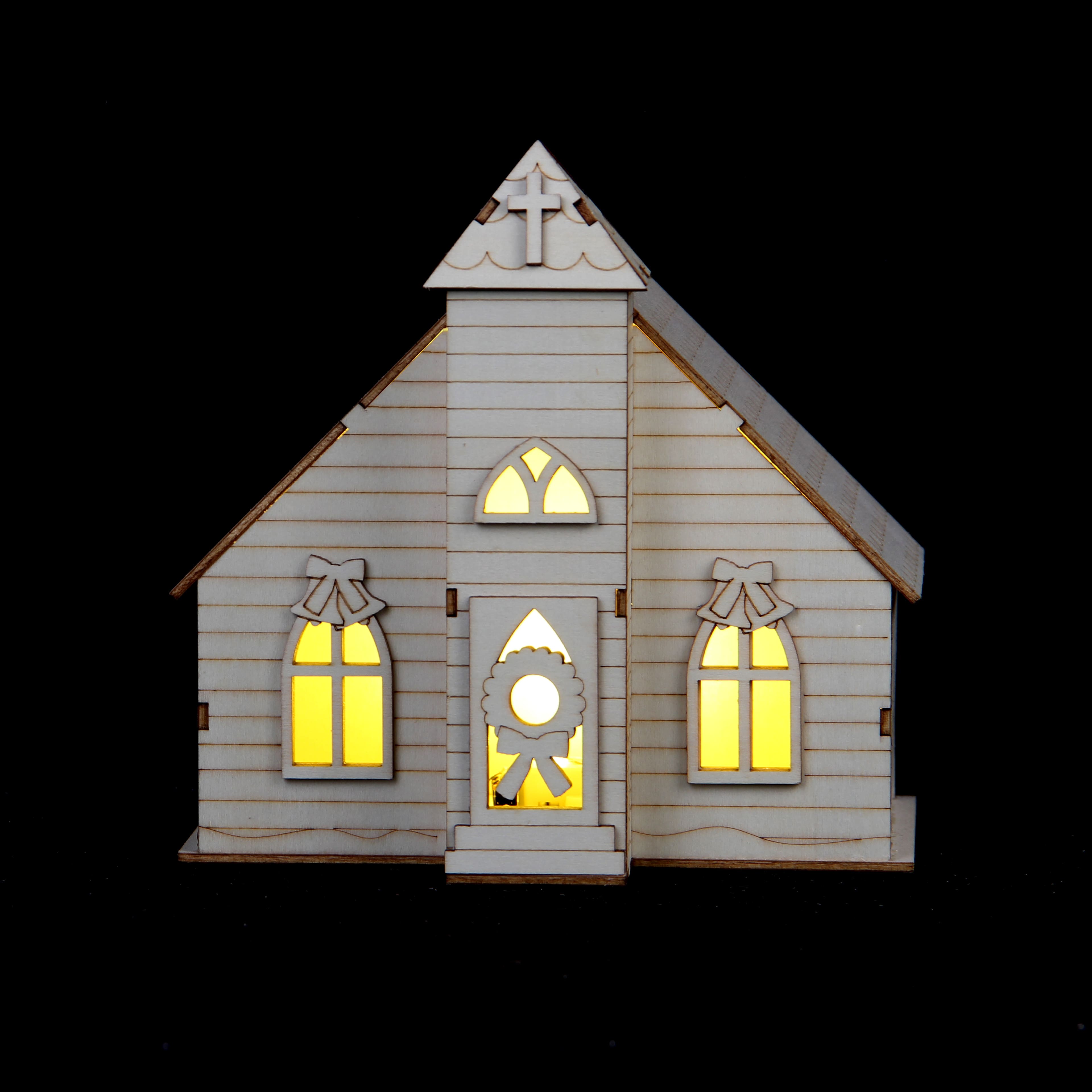 6.5&#x22; Unfinished Village Church DIY LED Wood D&#xE9;cor by Make Market&#xAE;