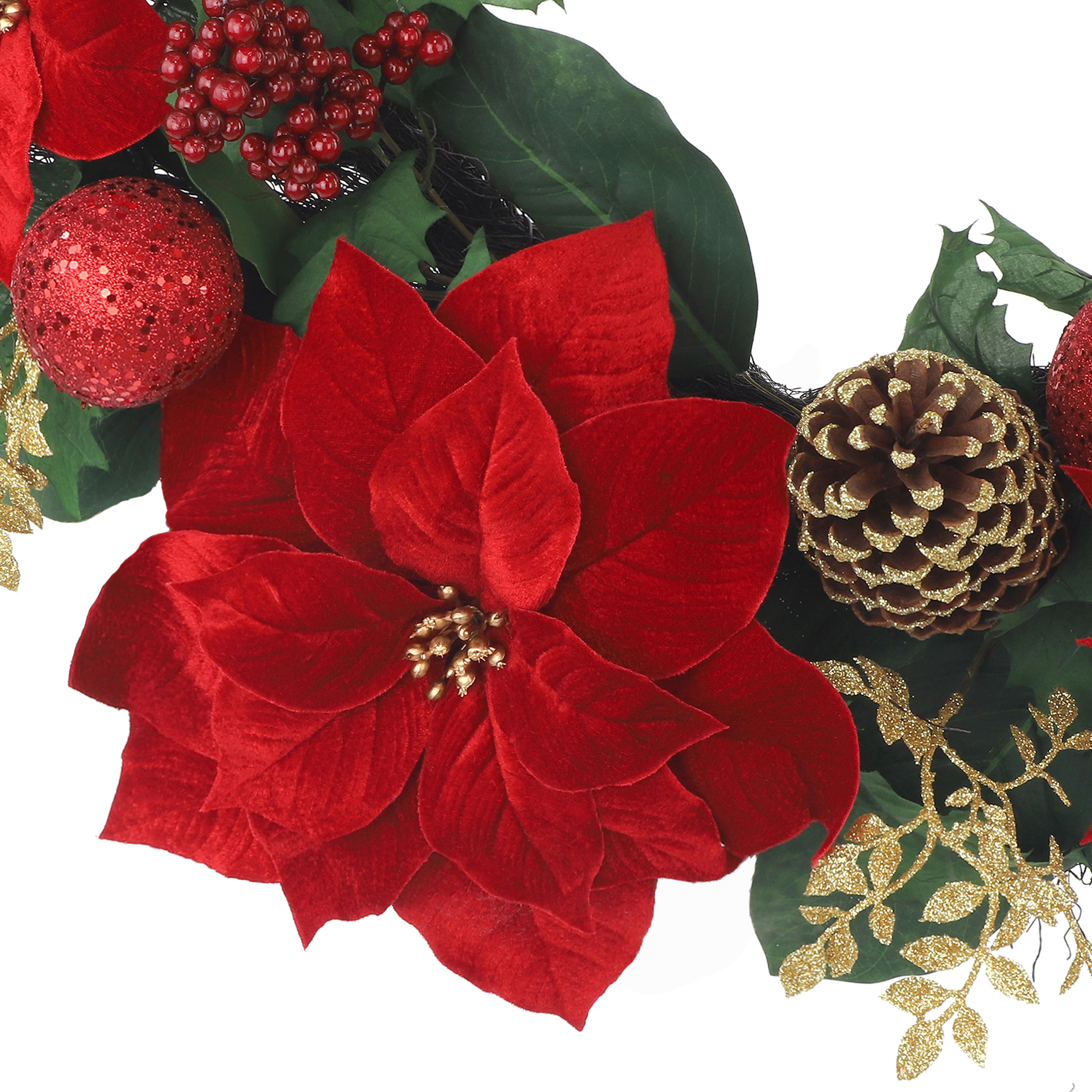 26" Red Poinsettia, Ornament & Pinecone Wreath by Ashland®