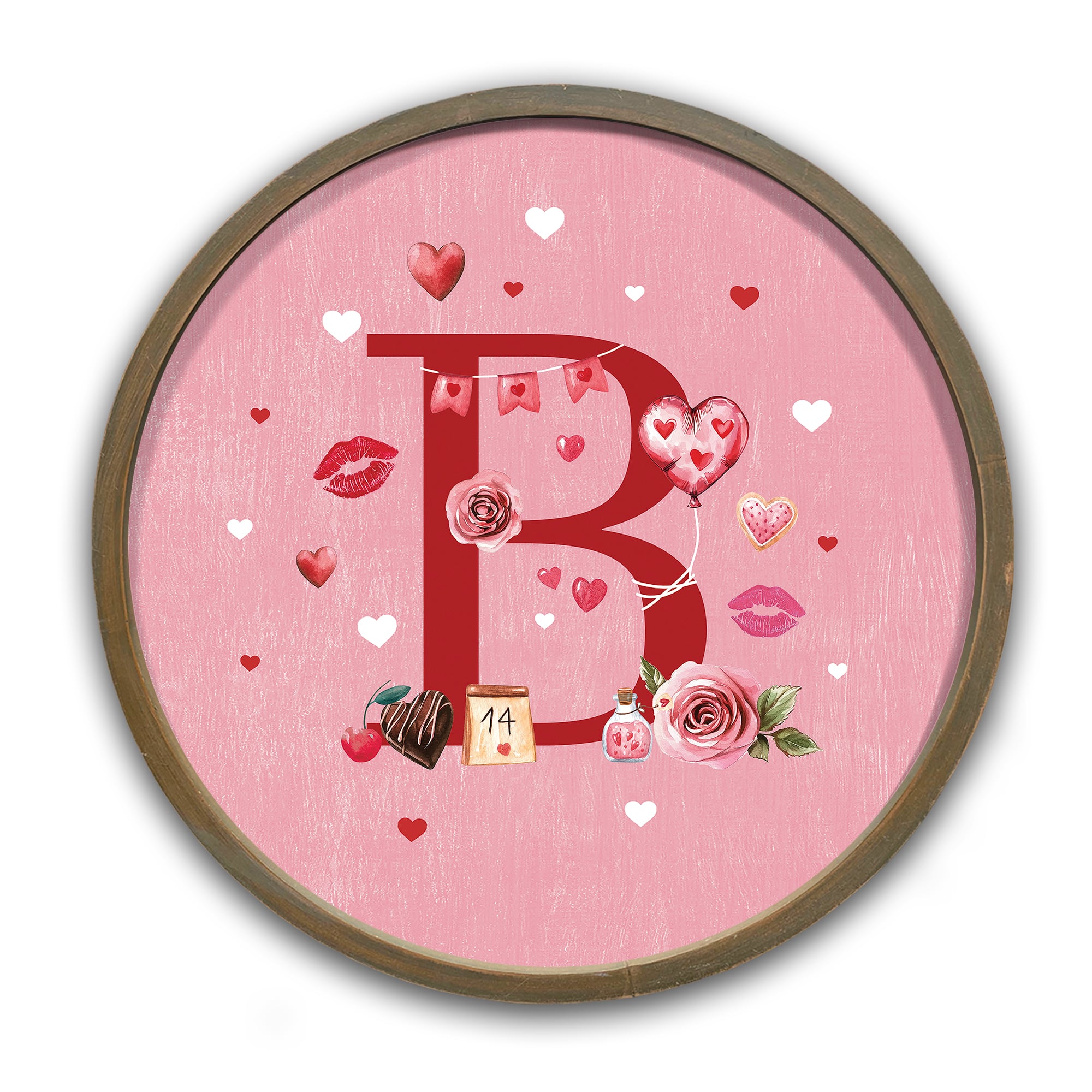 Valentine Things Monogram Round Brown Framed Print