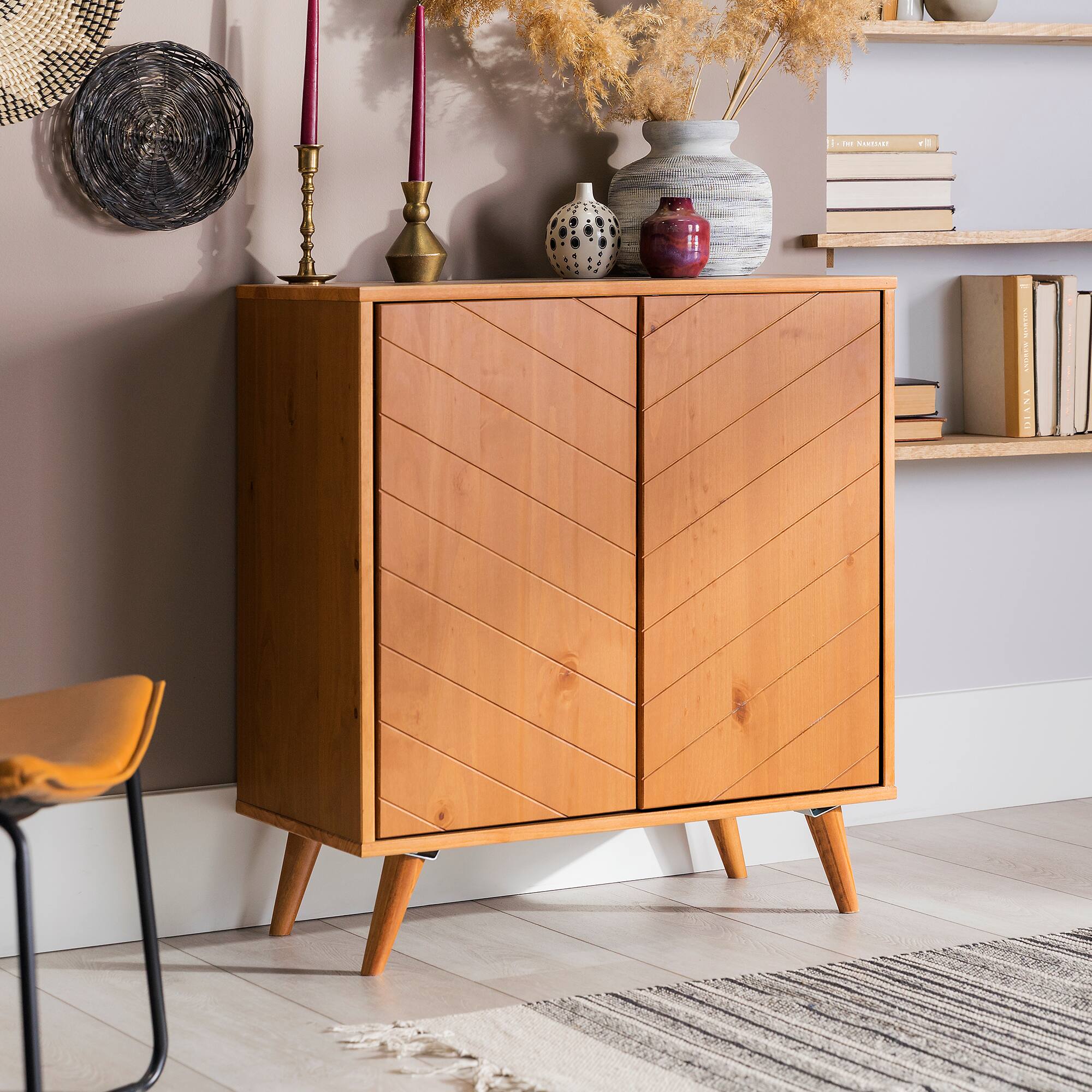 Walker Edison Caramel Chevron 2 Door Accent Cabinet