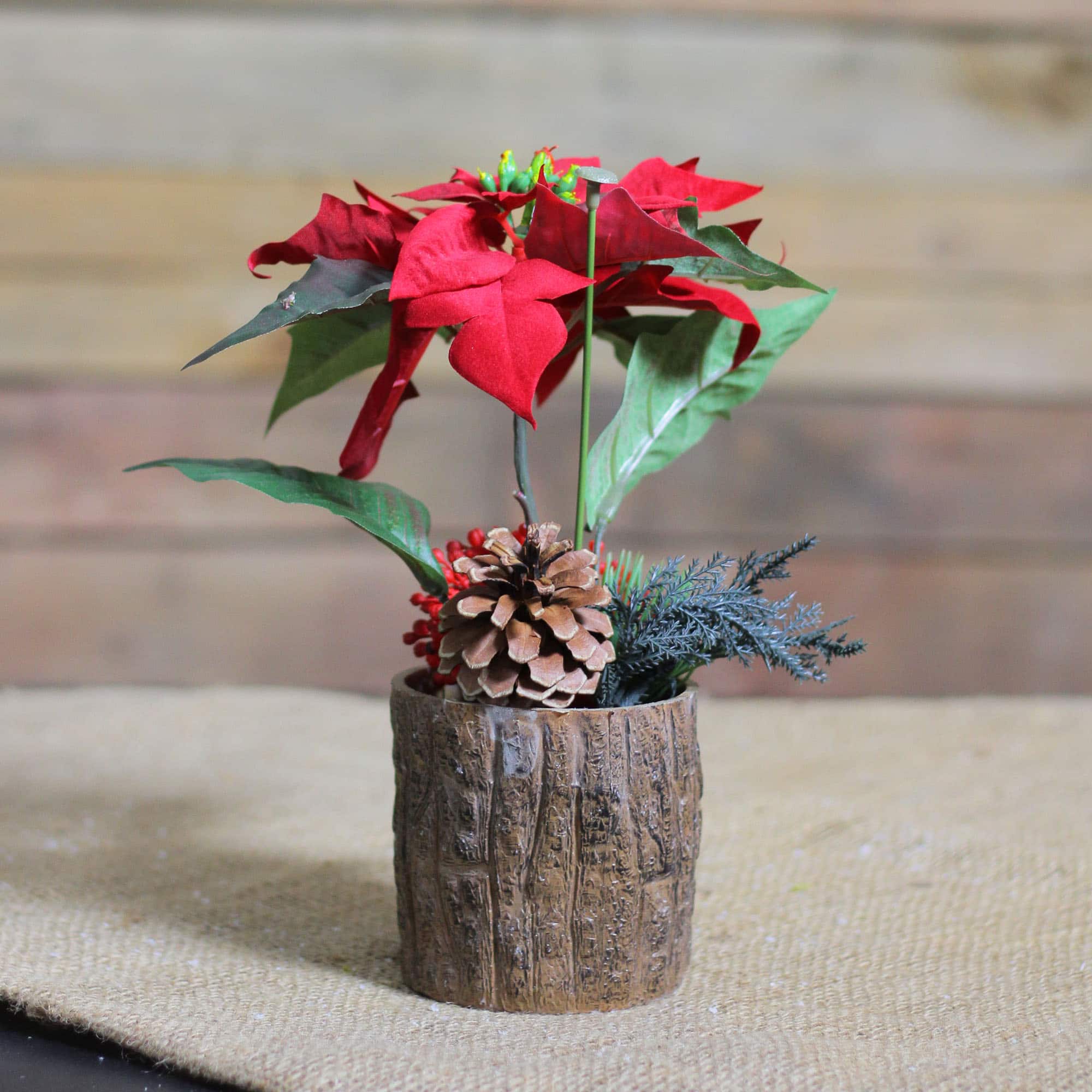10" Artificial Poinsettia with Pinecone & Berries Potted Plant