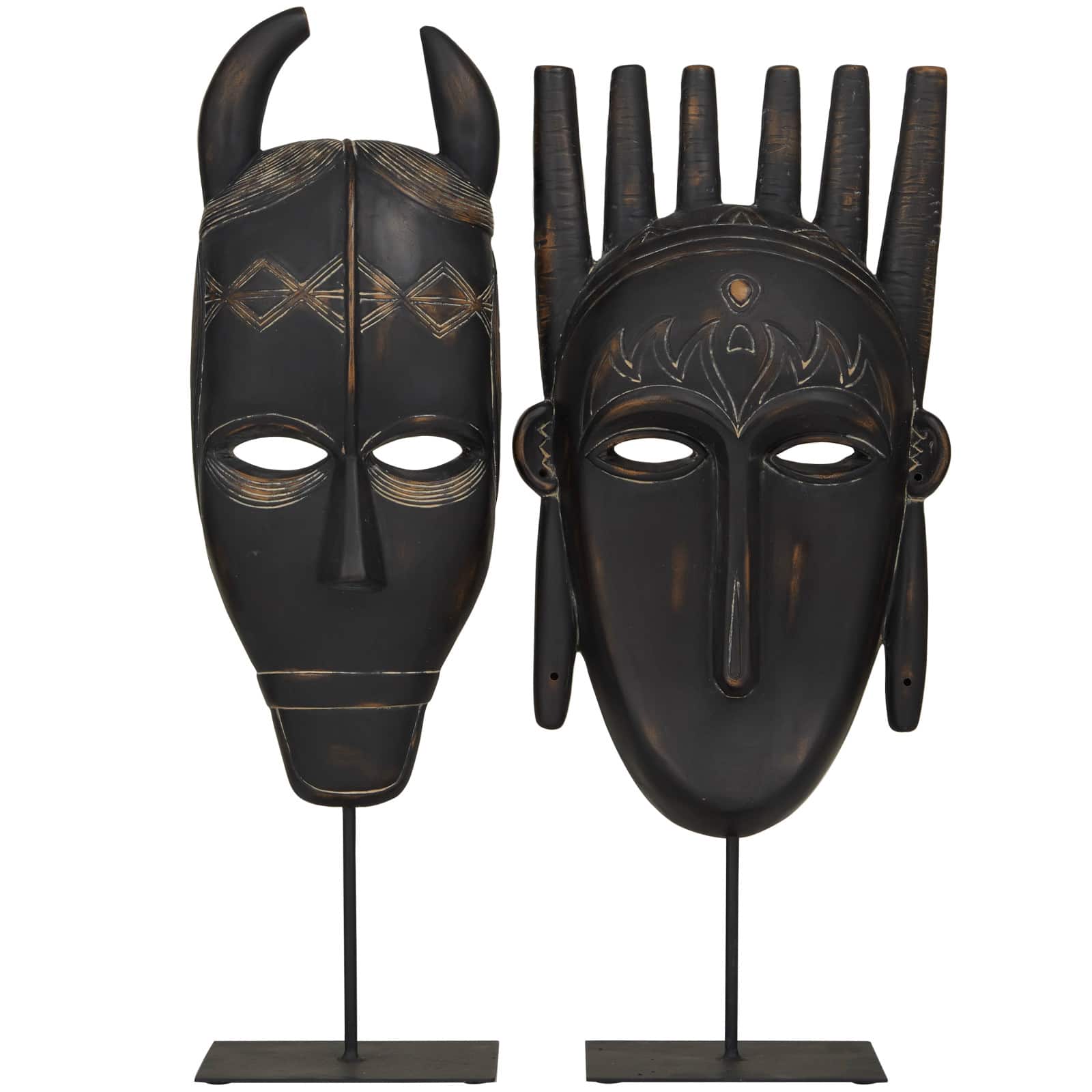 Black Polystone Handmade Carved Mask Sculpture Set