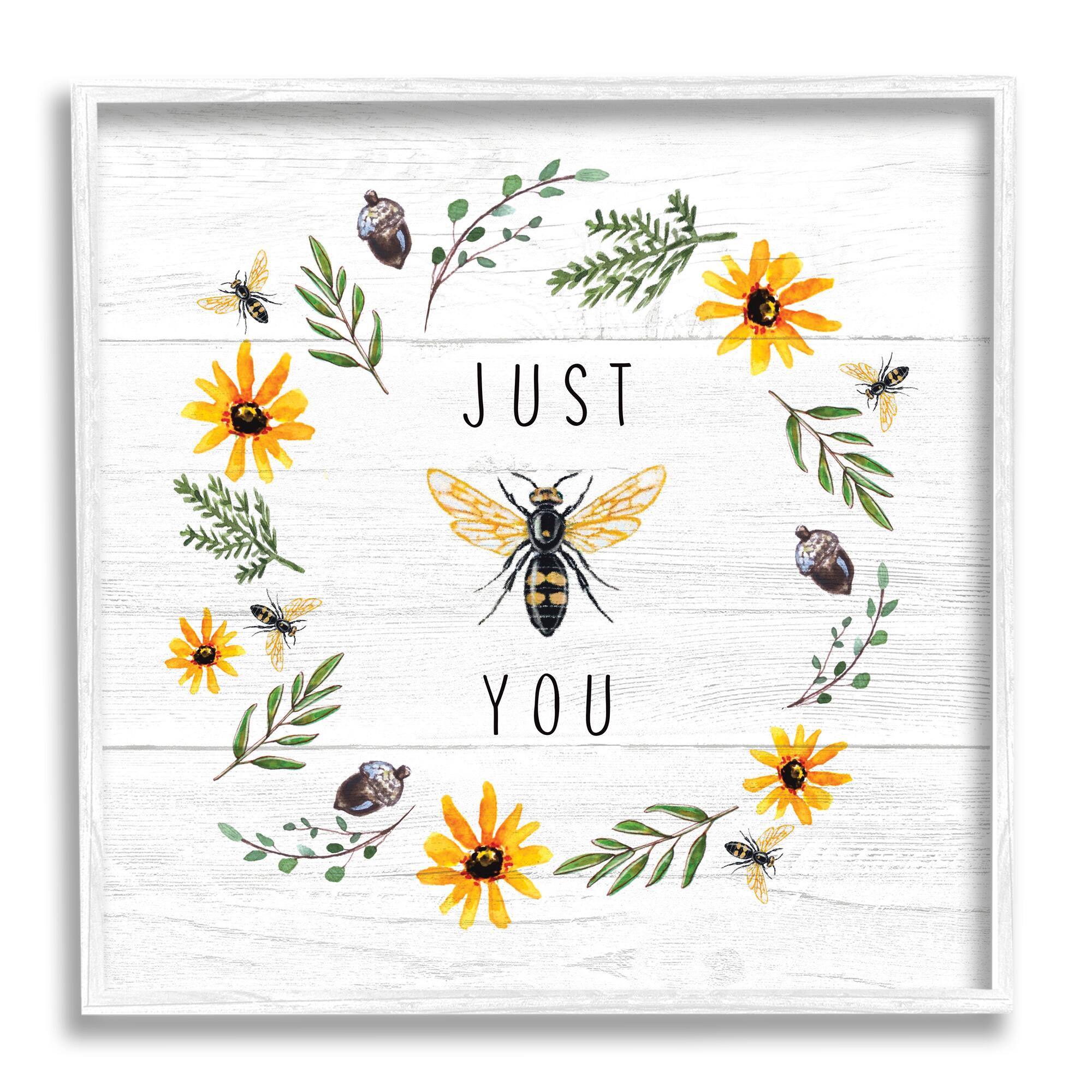 Stupell Industries Just Bee You Pun Phrase Yellow Daisy Wreath in White Frame Wall Art