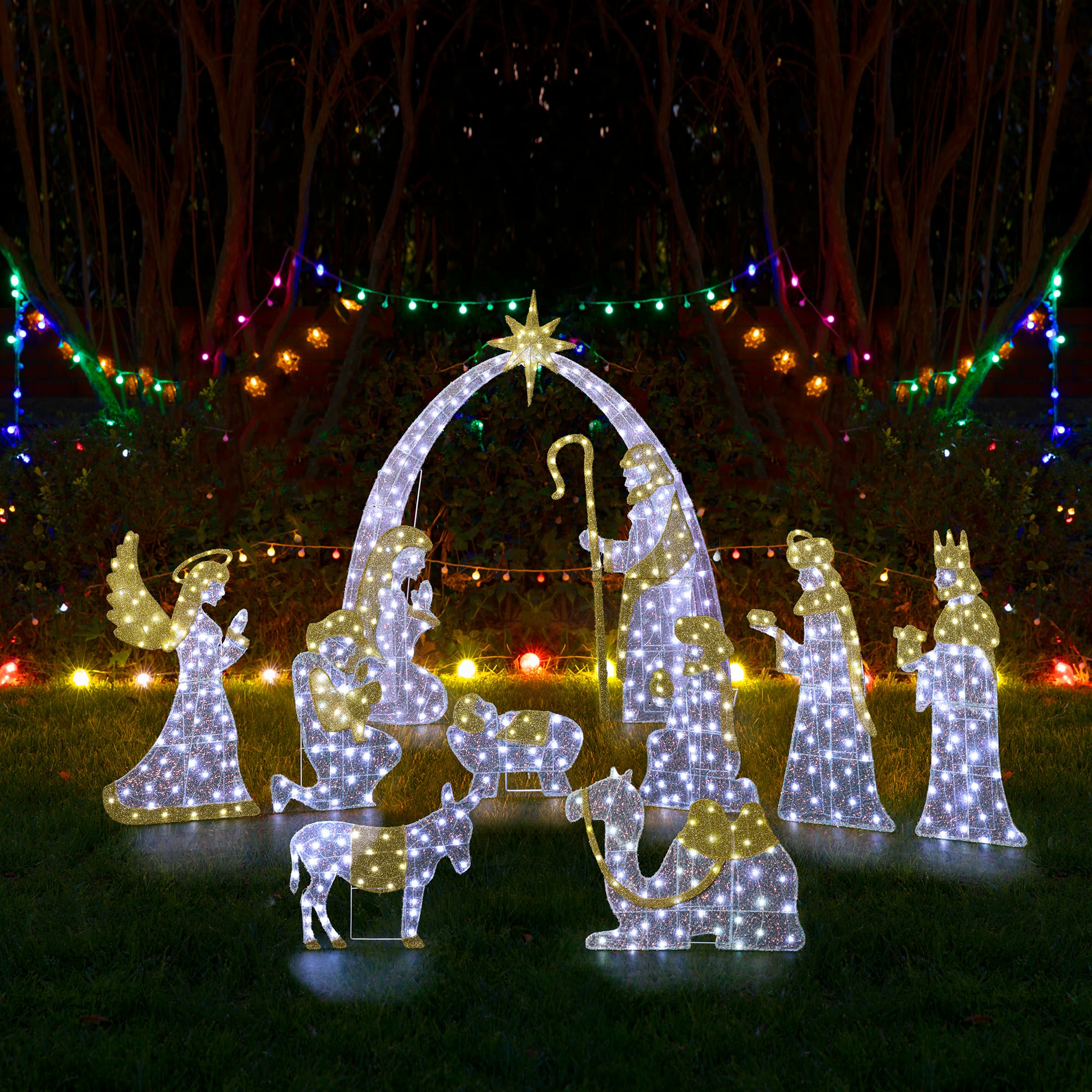 Glitzhome&#xAE; 55&#x22;H Lighted Christmas 2D Iridescent Fabric Nativity Scene Outdoor Decor Set