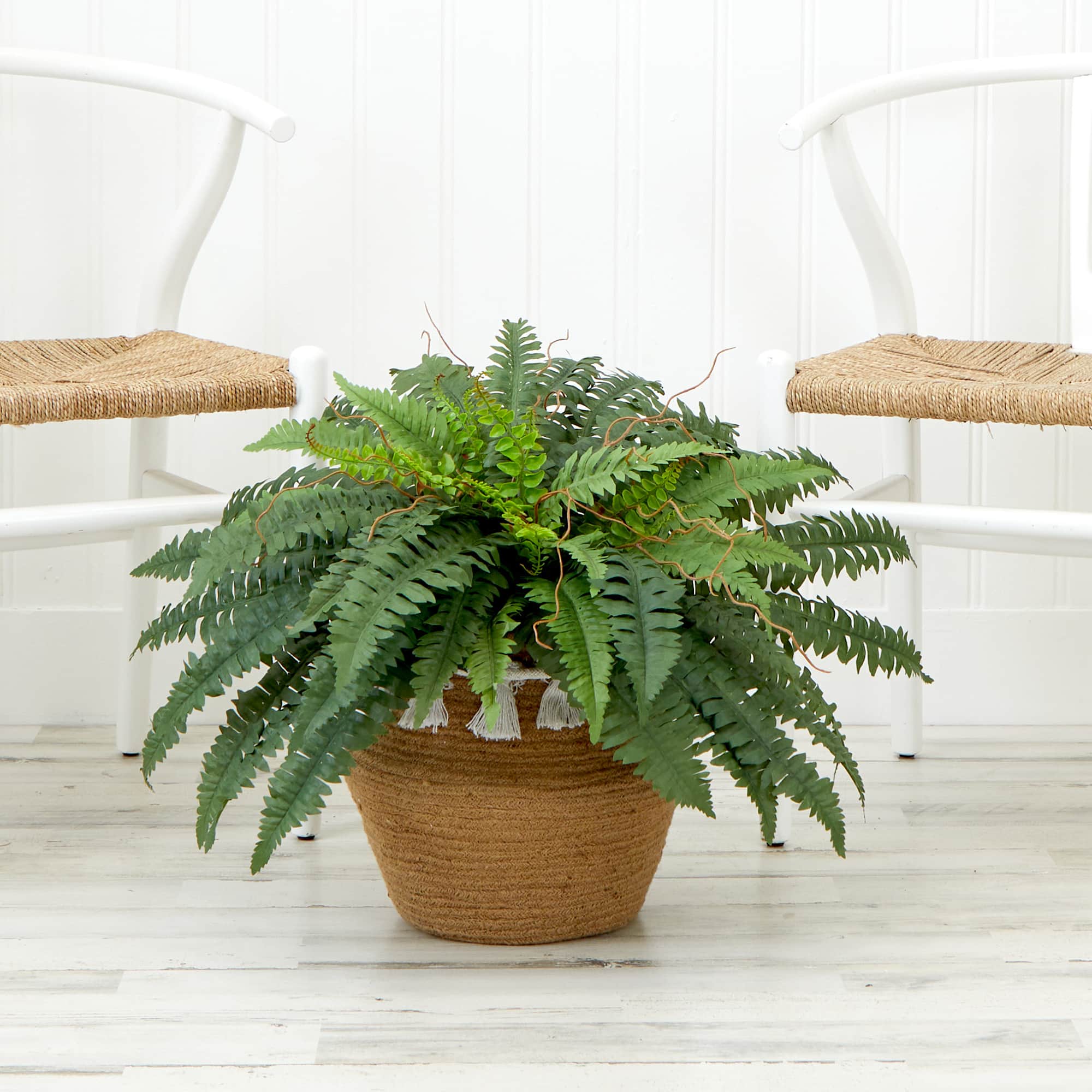23" Artificial Boston Fern Plant in Handmade Jute & Cotton Basket with Tassels