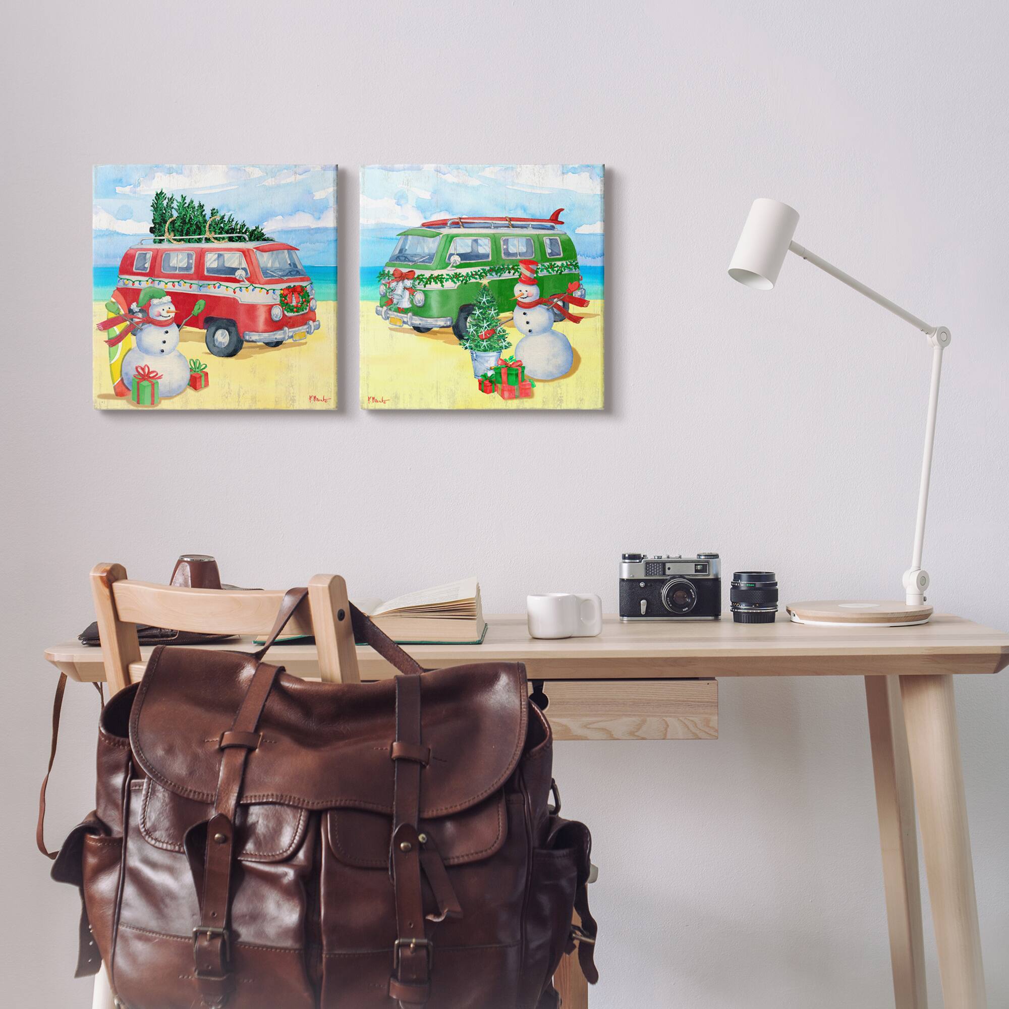 Stupell Industries Coastal Christmas Holiday Beach Snowmen 2 Piece Canvas Wall Art Set